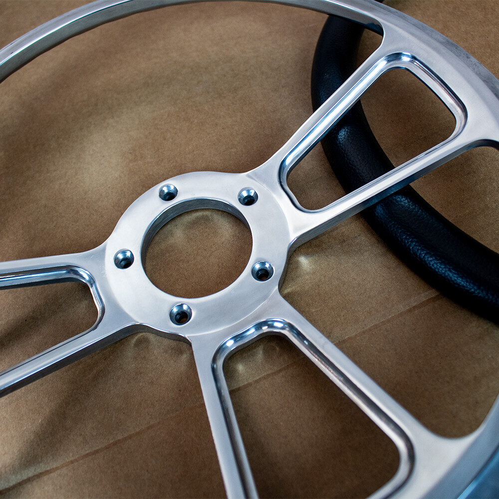 14" Billet Muscle Steering Wheel with Black Vinyl Wrap and Chevy Horn - 5 Hole