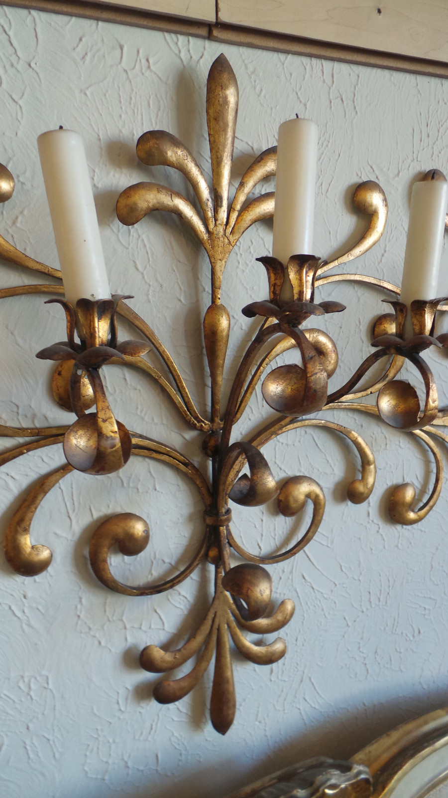ANTIQUE ORIGINAL GILDED GOLD & METAL WALL SCONCE CANDLE HOLDERS