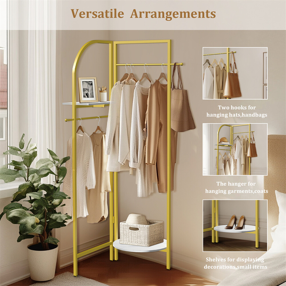 Corner Gold Metal Clothing Rack Freestanding Clothes Coat Rack 90-180° Unfolding