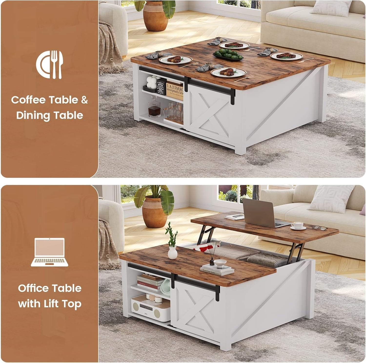 31.5" Lift Top Coffee Table with Storage, Farmhouse Square Coffee Table