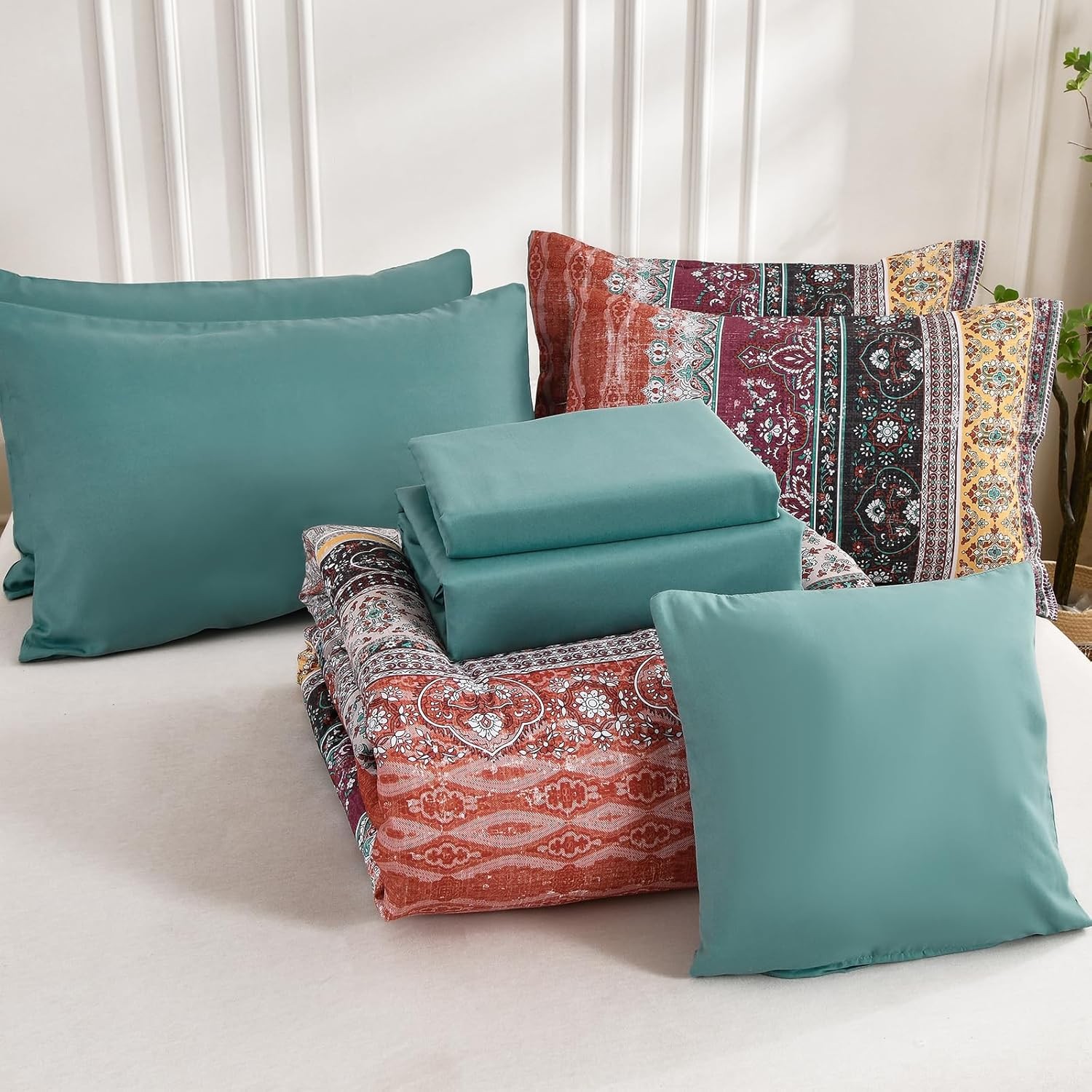 Boho Comforter Set Paisley Floral Striped Microfiber All Seasons 8-Pcs in a Bag