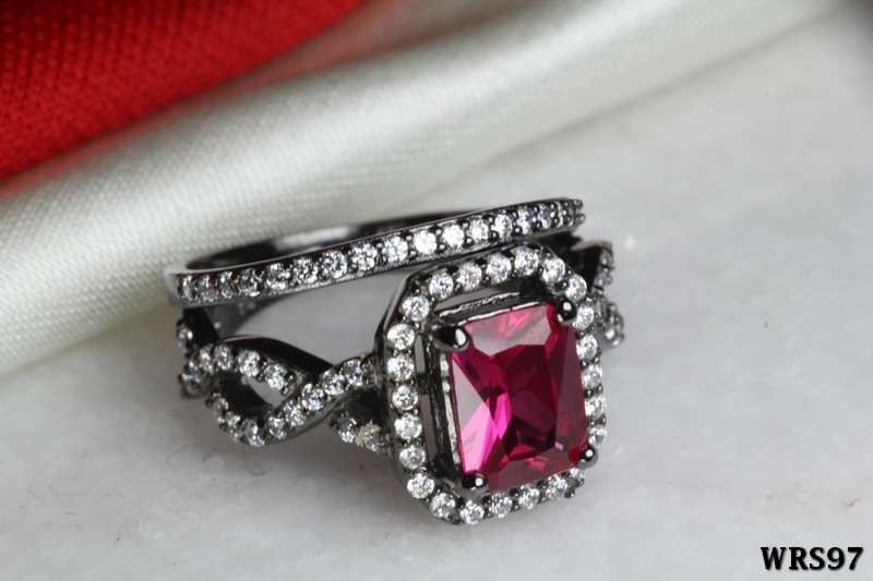 Brilliant Cut Halo Hot Pink CZ 925 Black Silver Engagement Wedding Ring Set