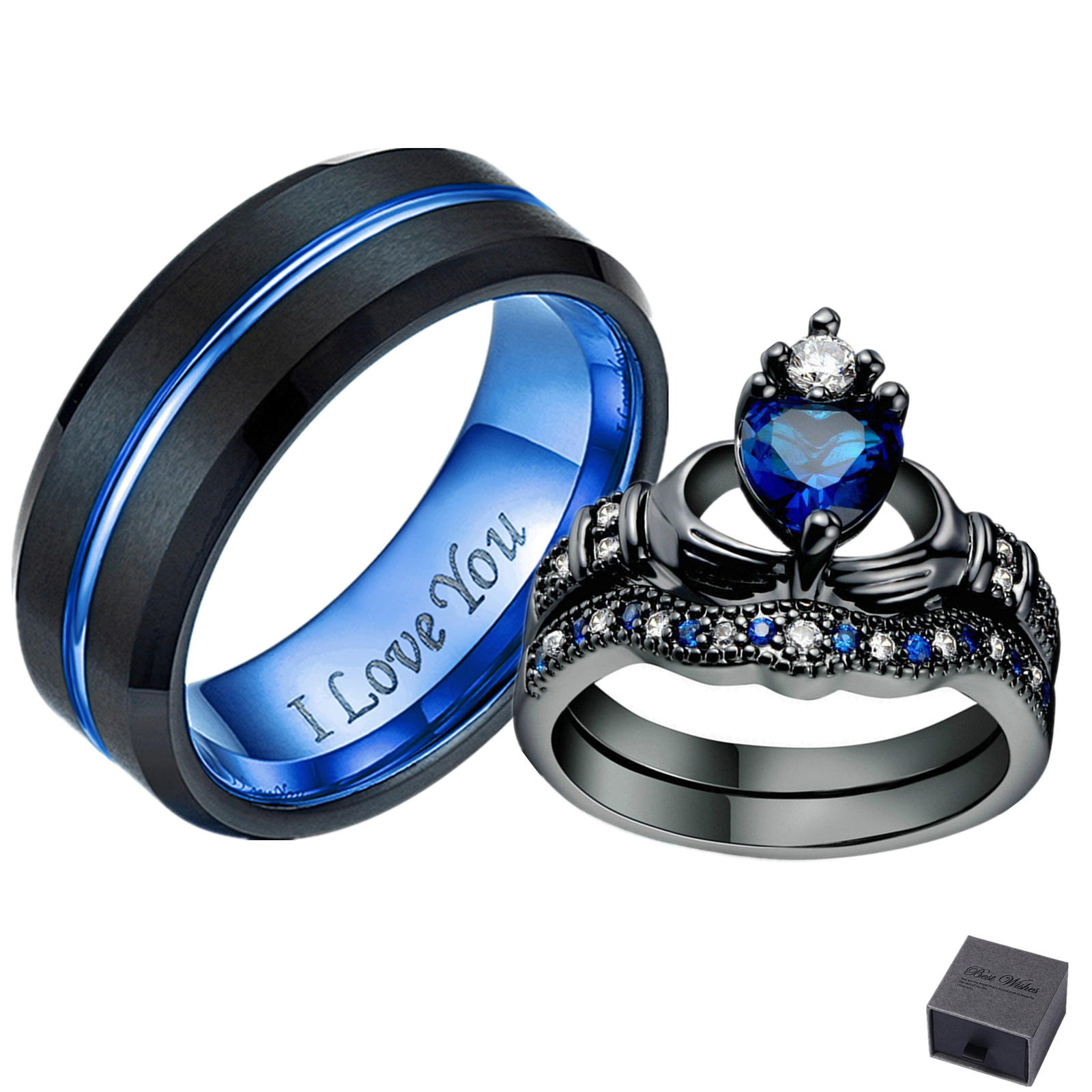 Men I Love You Wedding Band Tungsten Ring Women Heart Promise Band Couple 2pcs