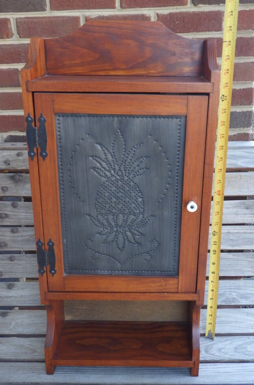 Wall Cabinet Mahogany Wood Punched Tin Pineapple Motif Farmhouse Décor