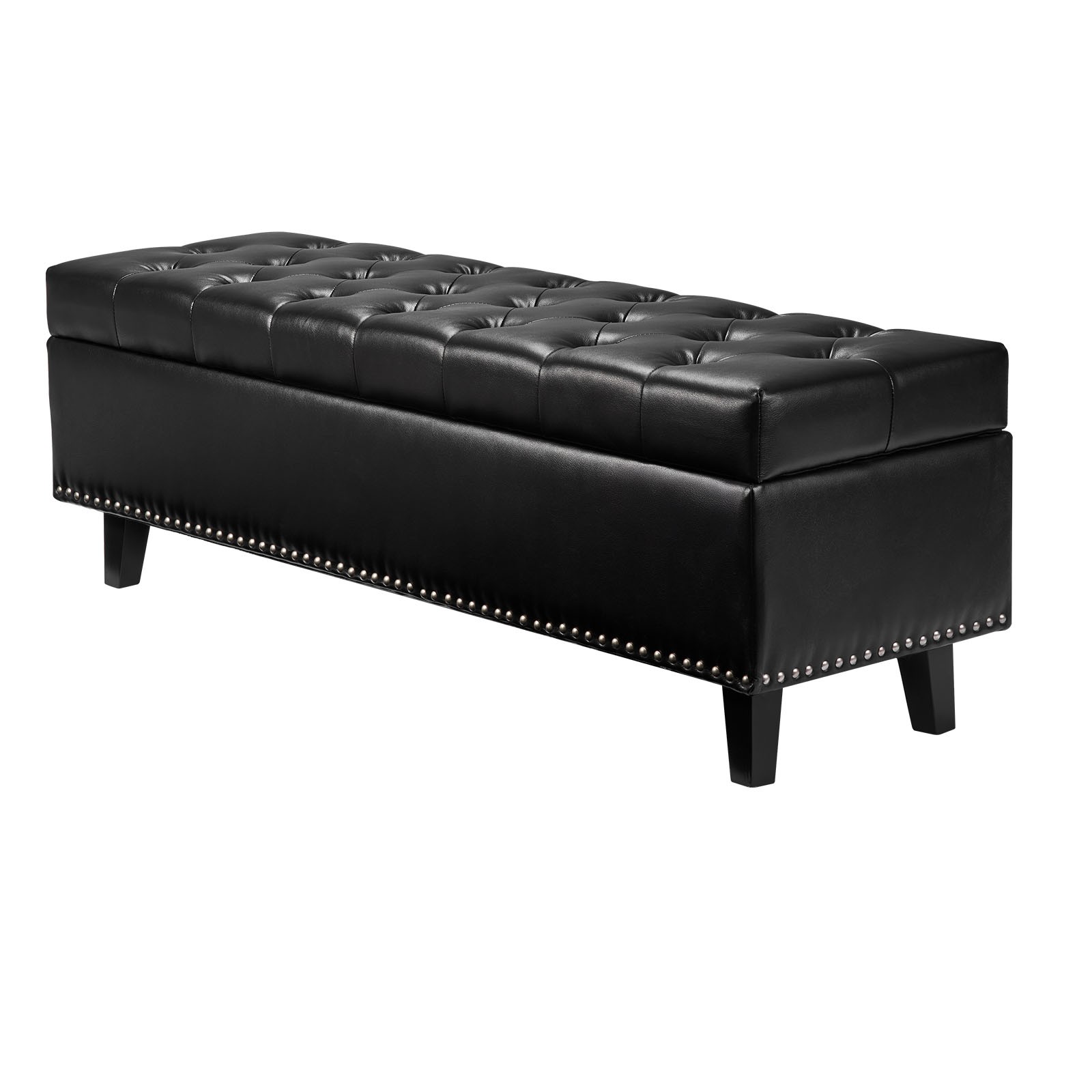 Button-Tufted Storage Ottoman Bench PU Leather Bench with Wood Legs Black