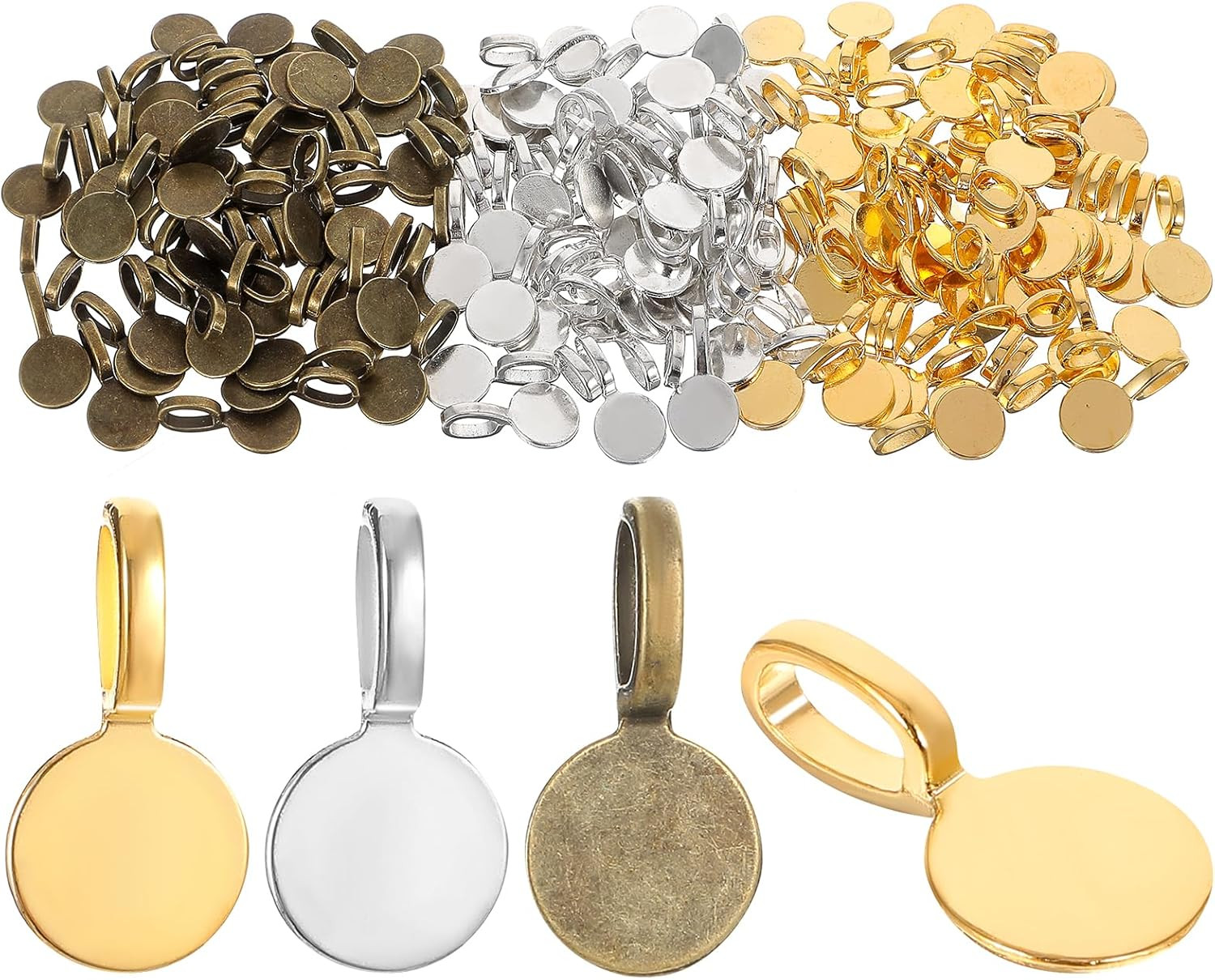 150Pcs Glue-On Bails Pendants, Round Flat Pad Connector Charms for Jewelry