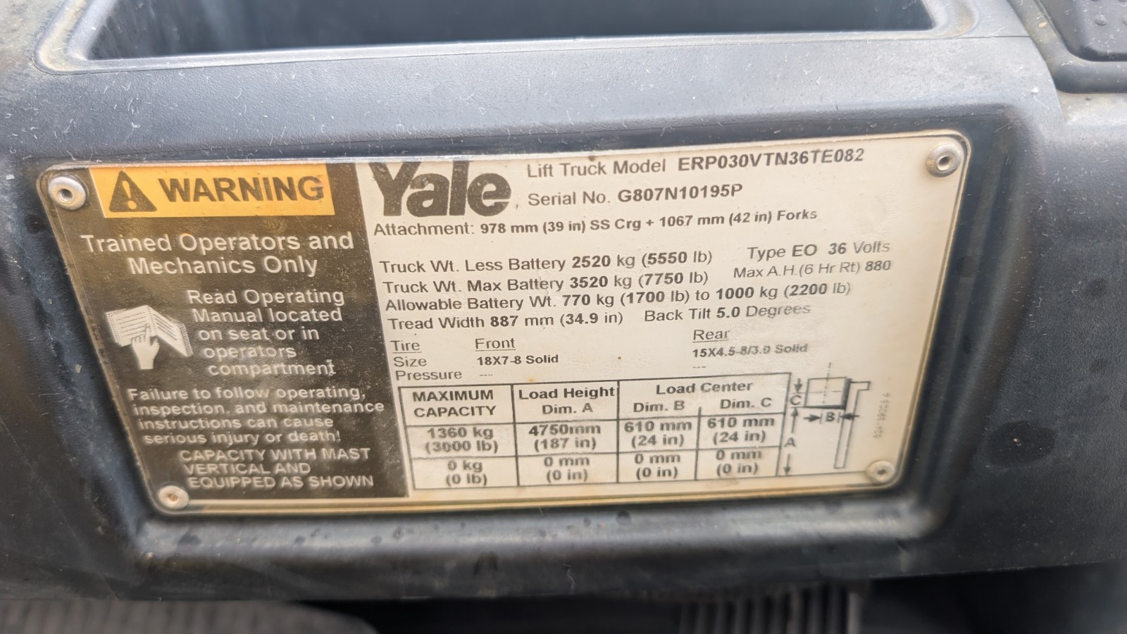 Yale 36V Electric Forklift, 3000# Capacity, Triple Stage Mast, ERP030VTN36TE082