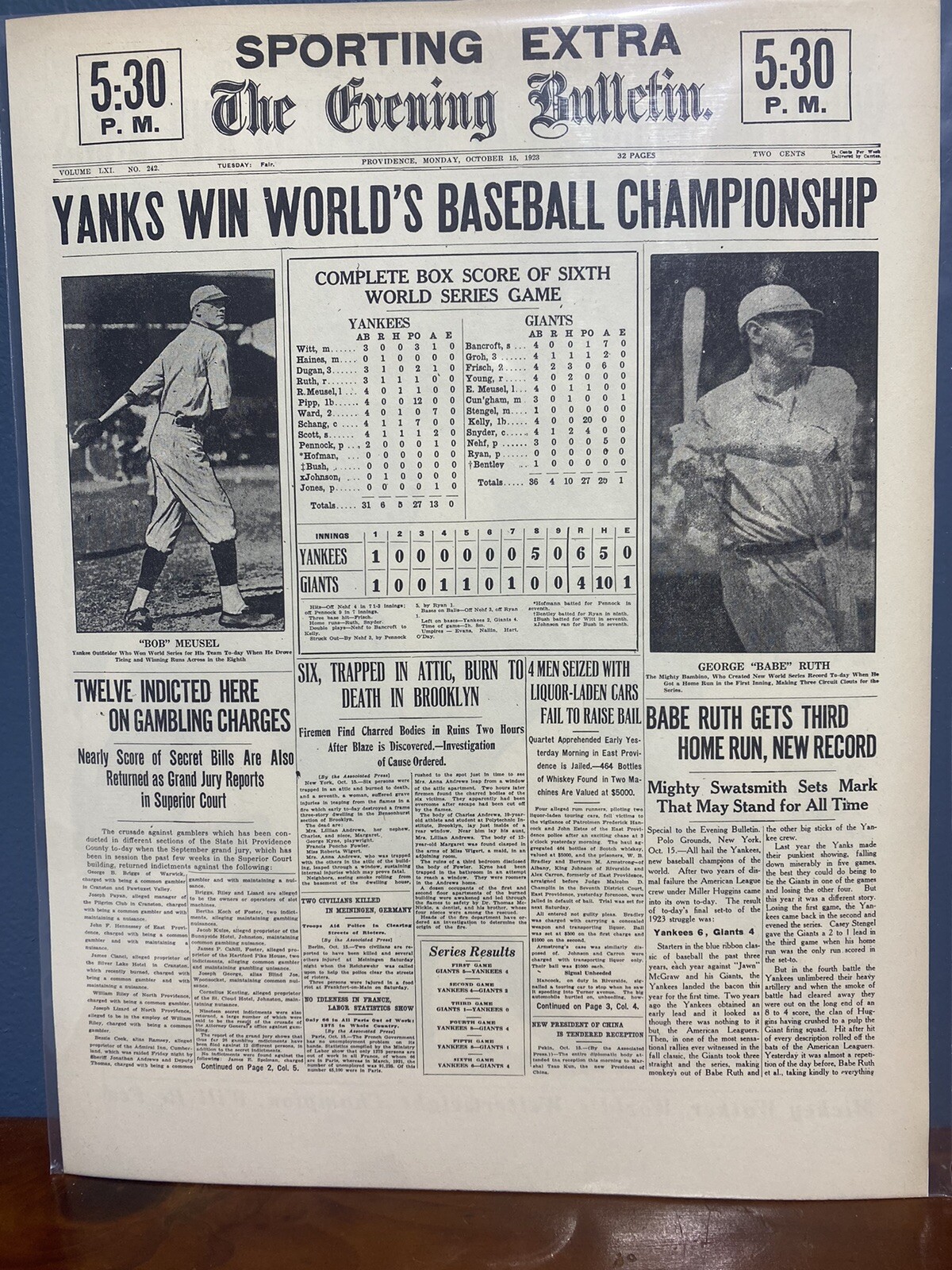 VINTAGE NEWSPAPER HEADLINE ~ NEW YORK YANKEES WIN CHAMPIONSHIP 1923 BABE RUTH