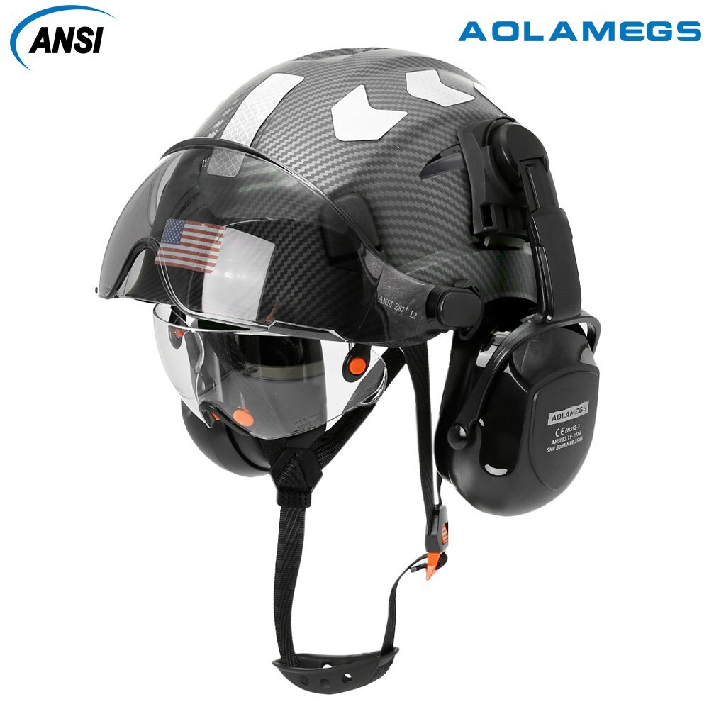 Carbon Fiber Safety Helmet With Build in Visor Earmuffs and Reflective Stickers
