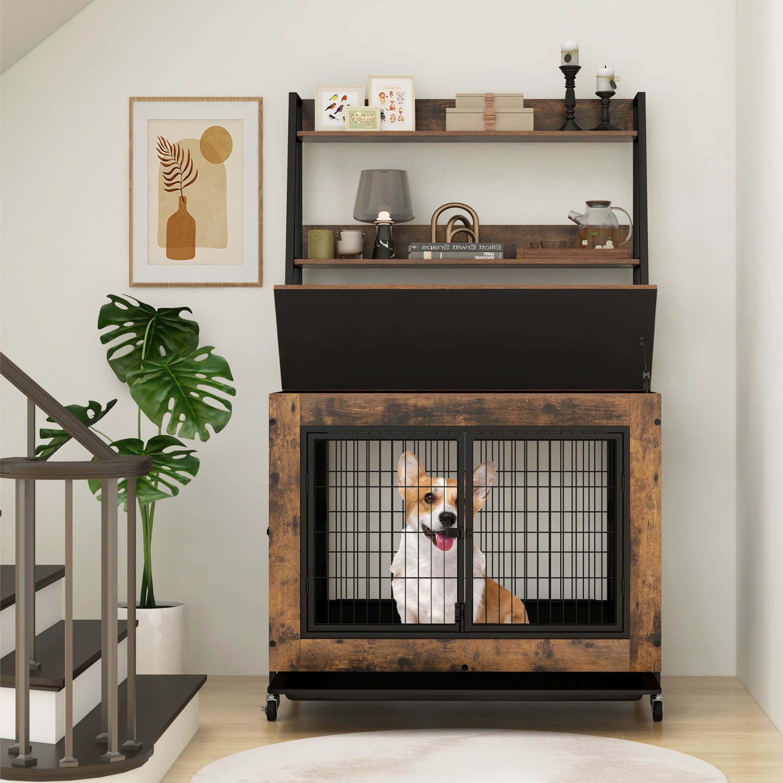 Dog Crate Furniture with Storage Shelves Industrial Dog Kennel w/ Flip-up Top