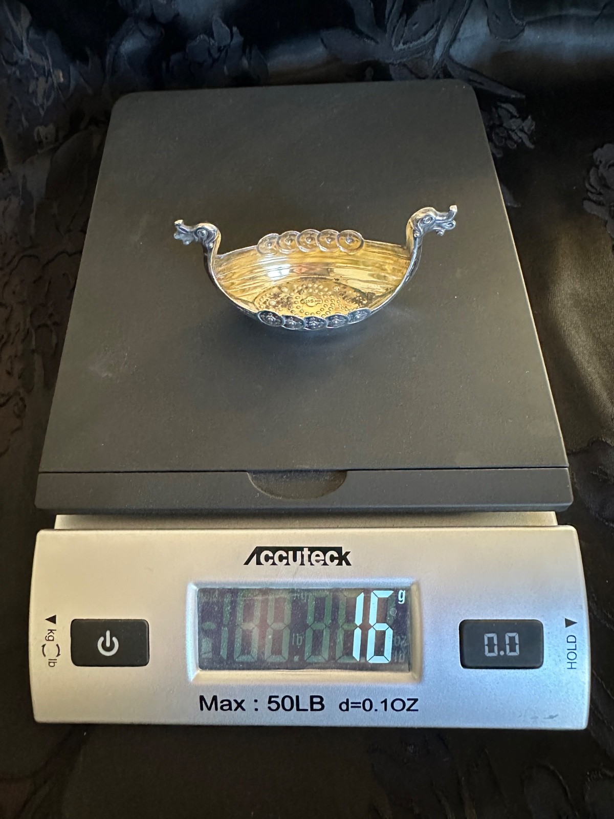 Vintage 925S Sterling Silver Viking Ship Salt Cellar Clear Glass Liner Insert