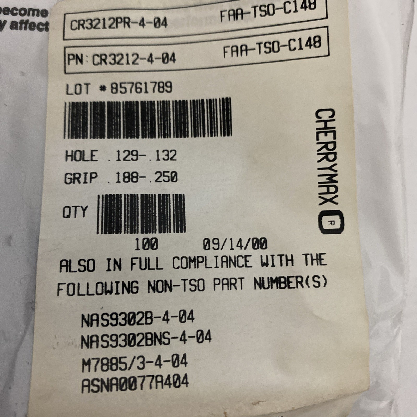 (100) CR3212-4-04 CHERRYMAX Flush Aerospace Blind Rivets Cessna Piper Beechcraft