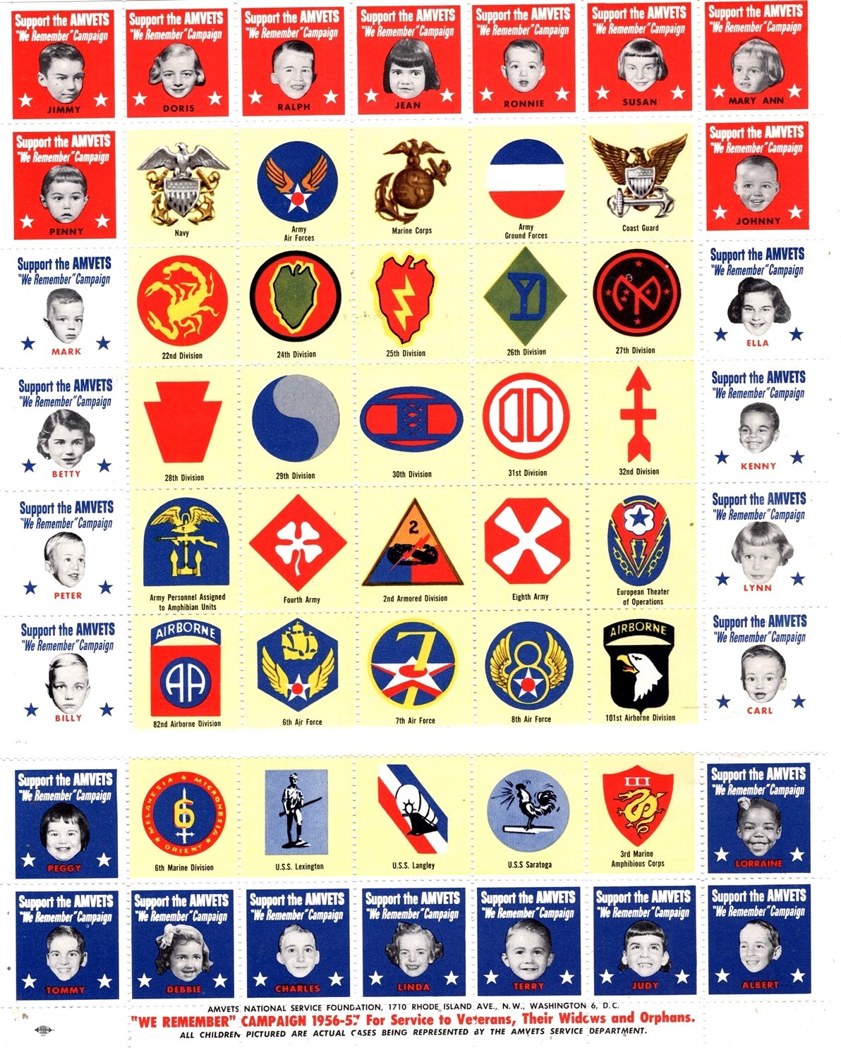 US Charity Stamp AMVETS American Veterans 1956-1957, Split Sheet of 56, MNH