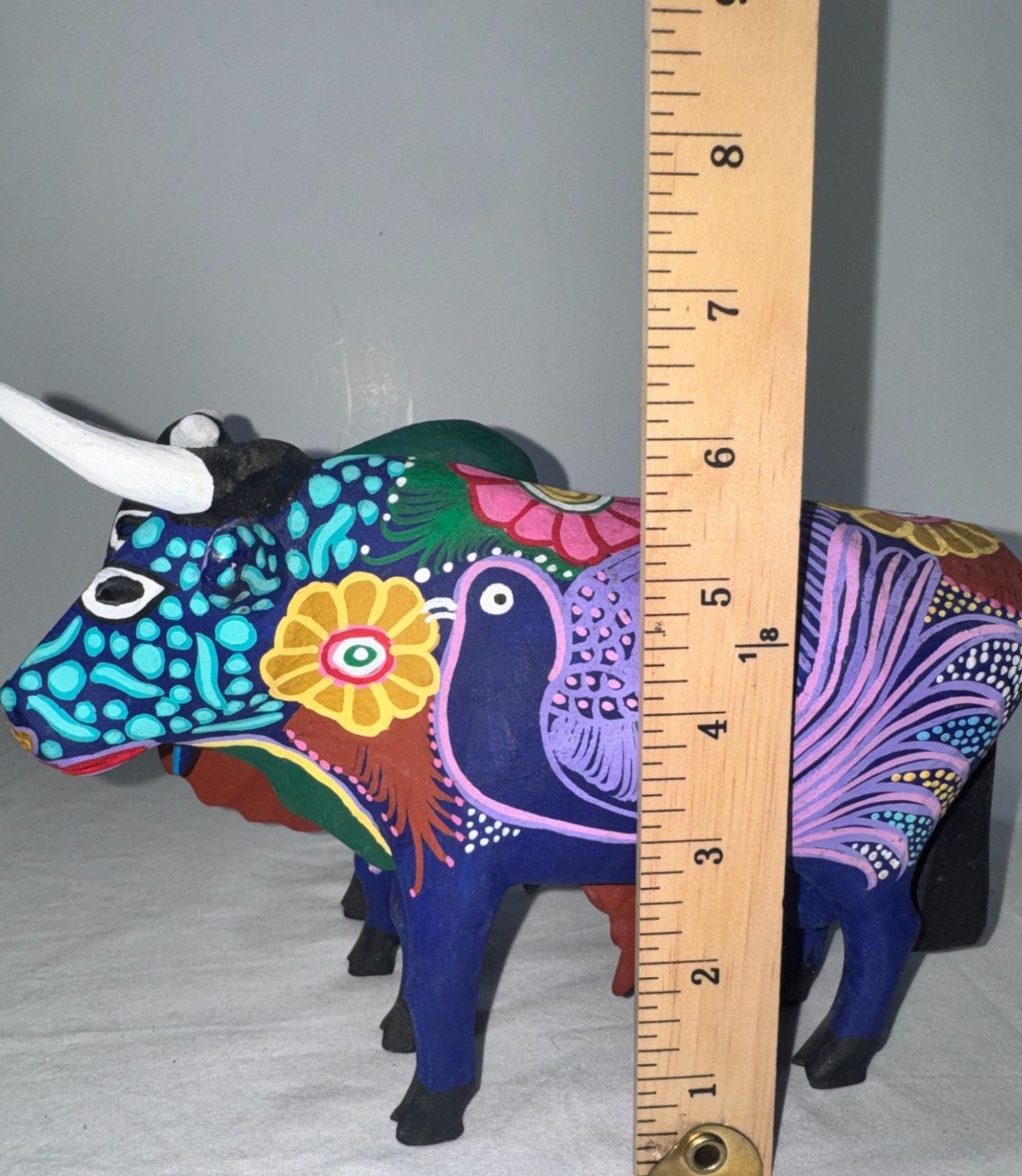 Hand Carved Alebrije Wooden Ox Folk Art Figurines Multicolor 2 Pieces
