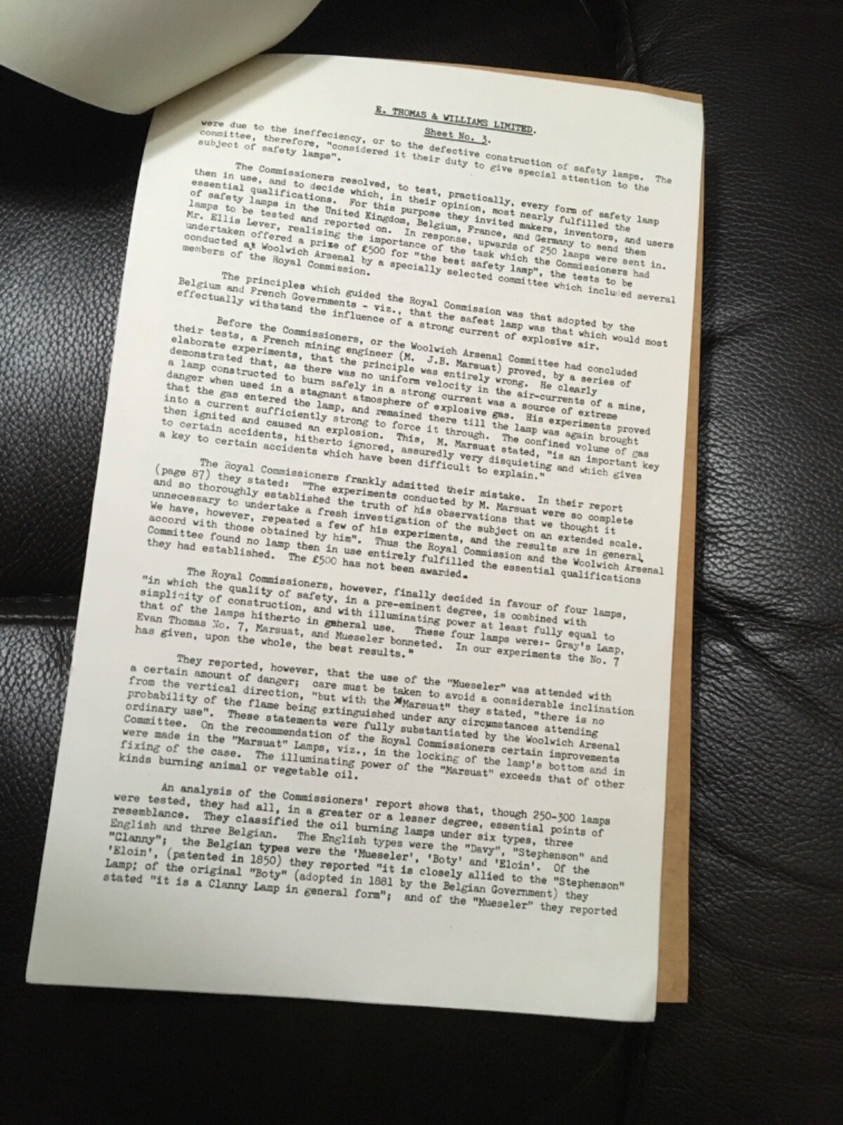 E. Thomas & Williams Ltd. Cambrian Brass Miners Lamp, Schedule B, type Aberdare