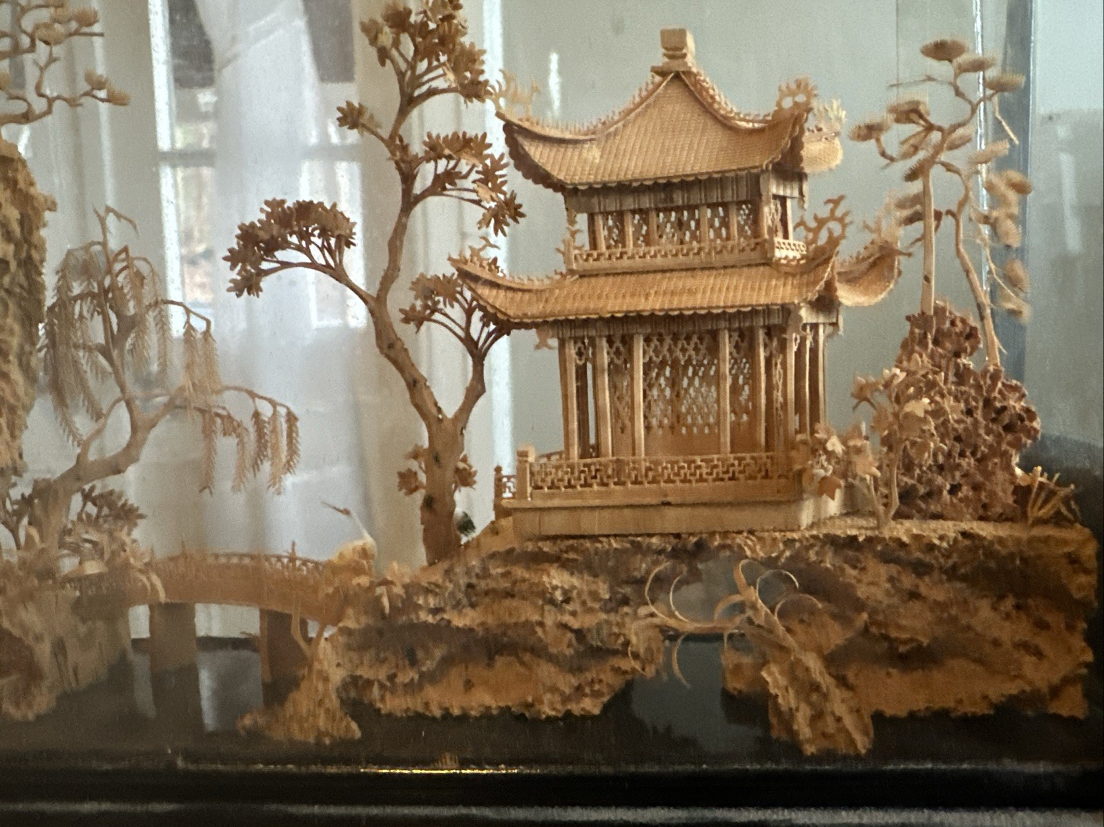 VTG Fujian Chinese Art Sculpture Diorama Cork Wood Carving Trees Crane Pagoda