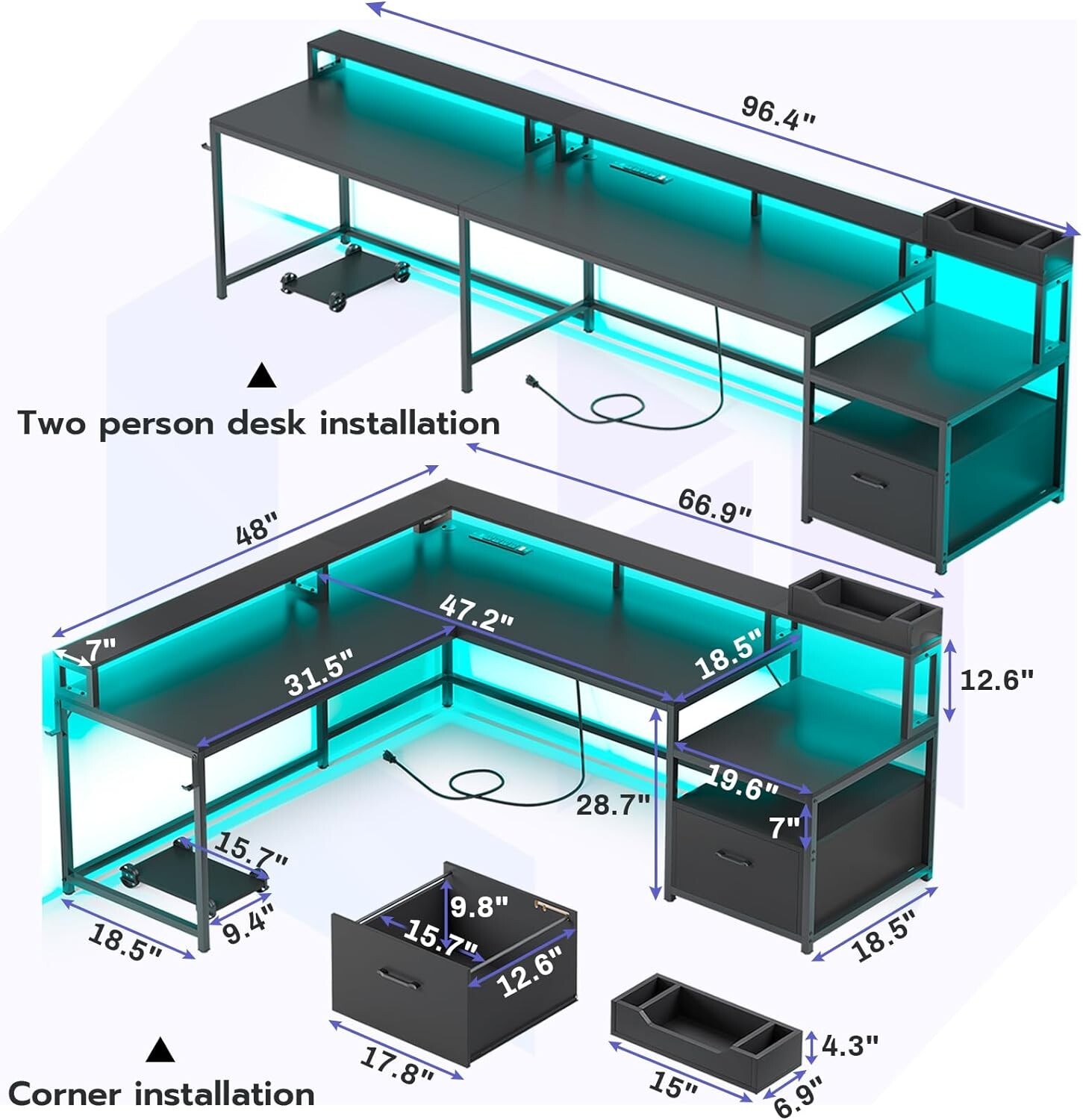 L Shaped Computer Desk with Led Lights 66" Home Office Desk with Power Outlet