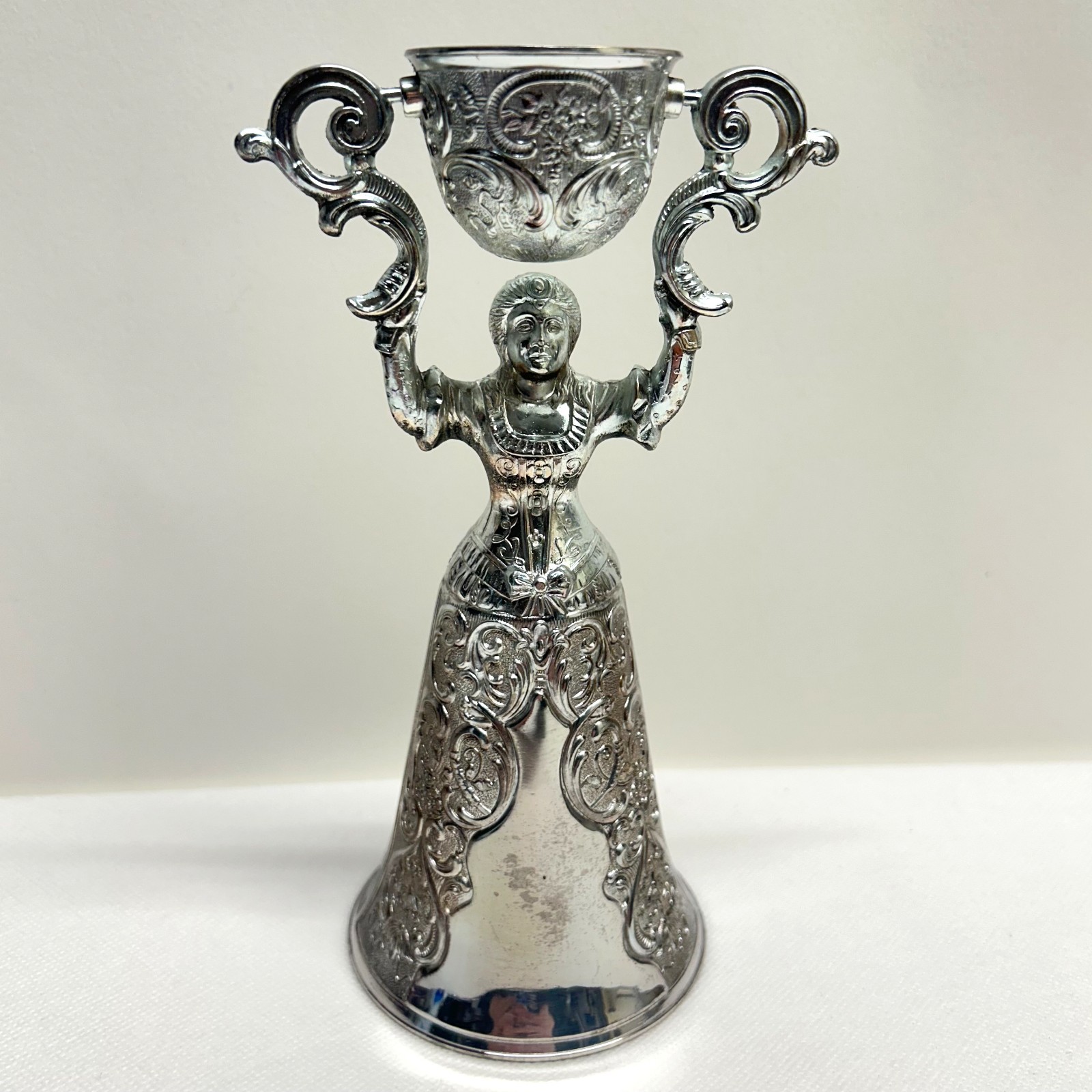 VTG Traditional Antiqued Silver Plated Wedding Cup German Chalice Lady Pink Gem