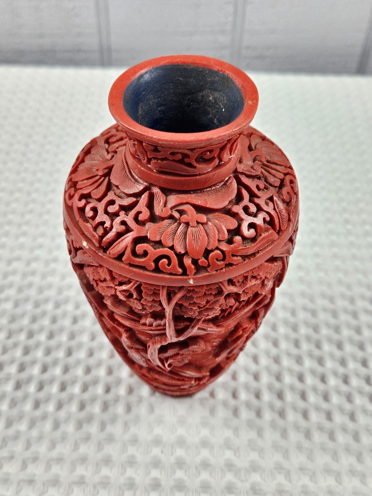 Vintage Chinese Red Cinnabar Lacquer Vase 5 .5” Floral Carving Made in Italy