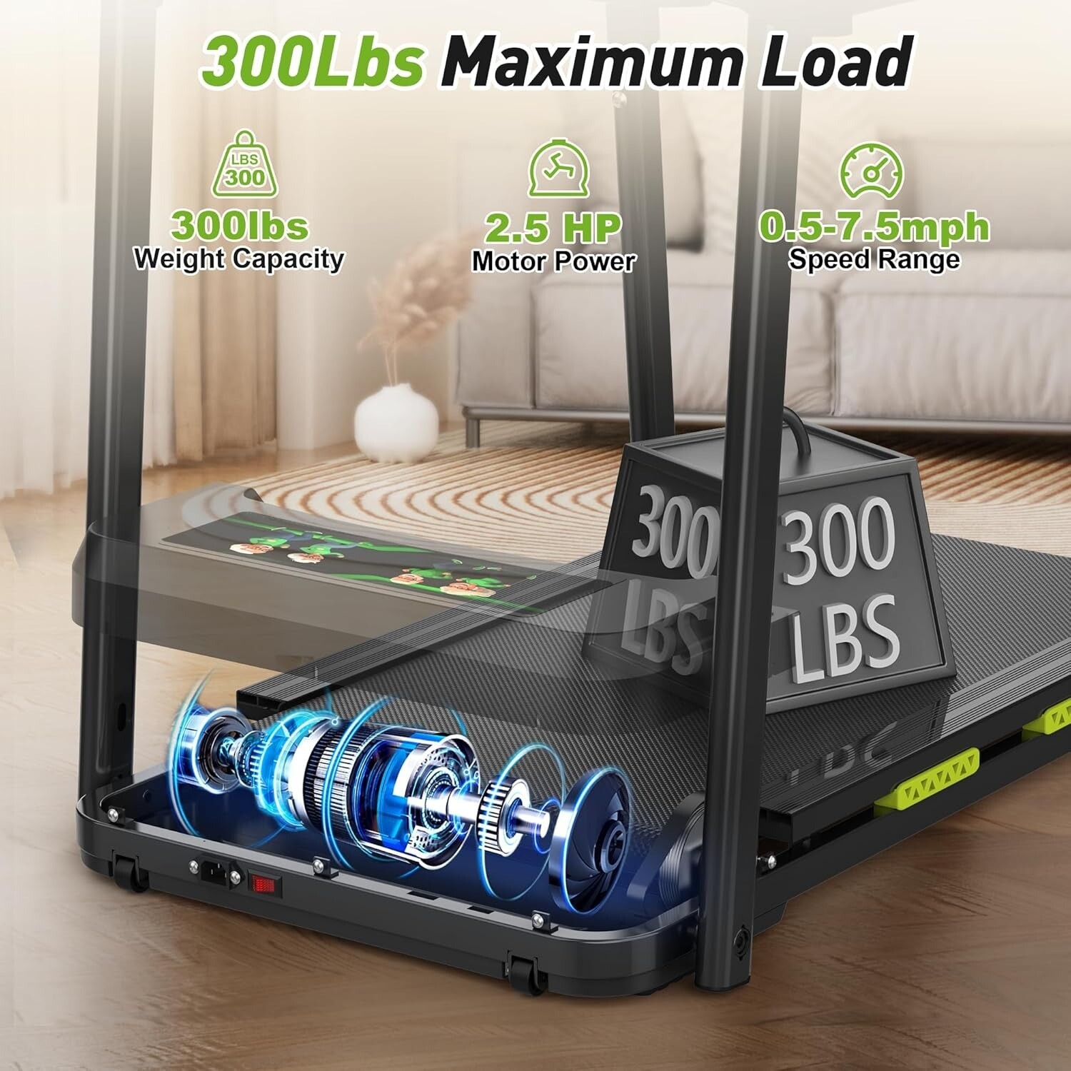 Walking Treadmill for Seniors with Extended Handrails & Deck APP Control 300 LBS