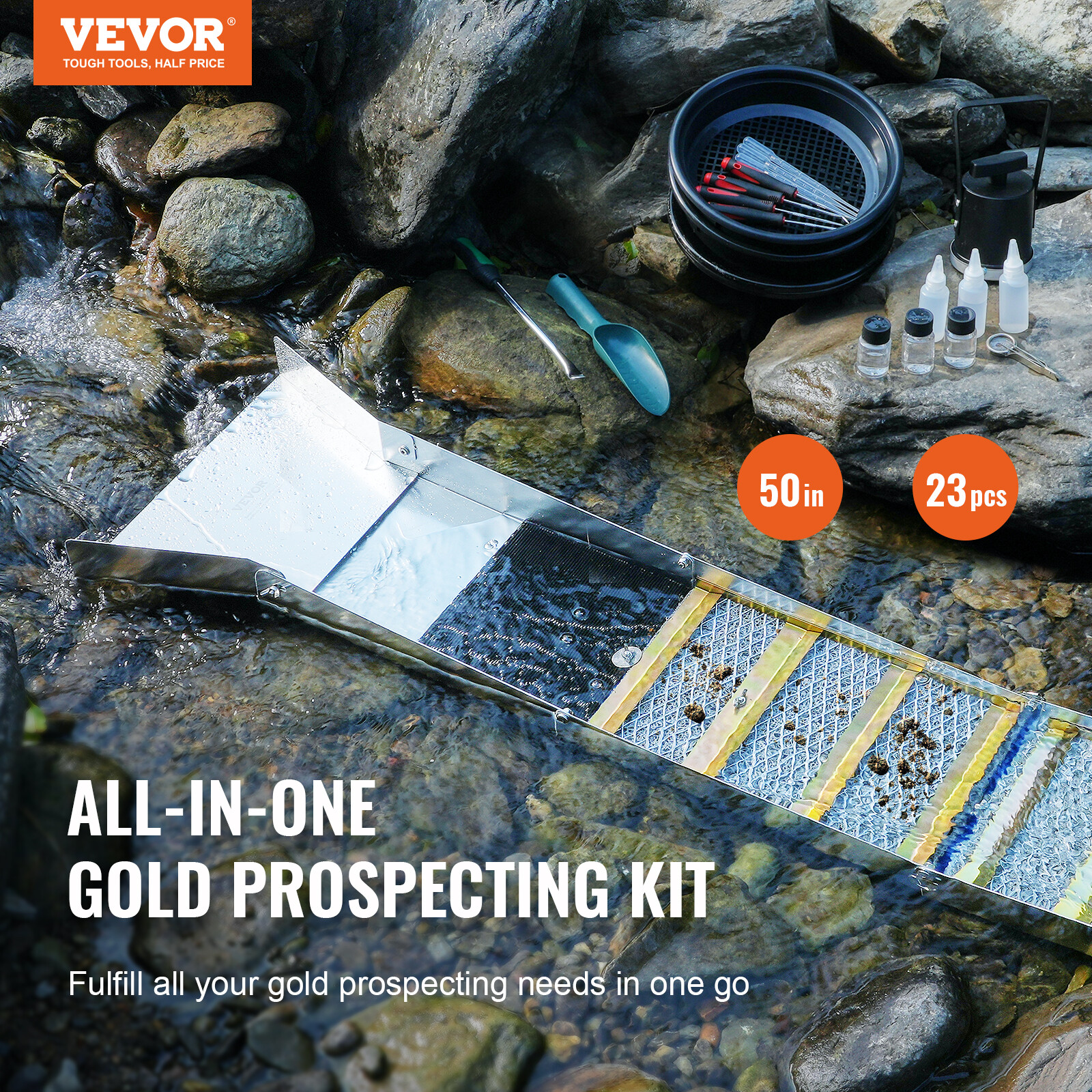 VEVOR Gold Panning Kit with 50" Aluminum Sluice Box, 23 PCS