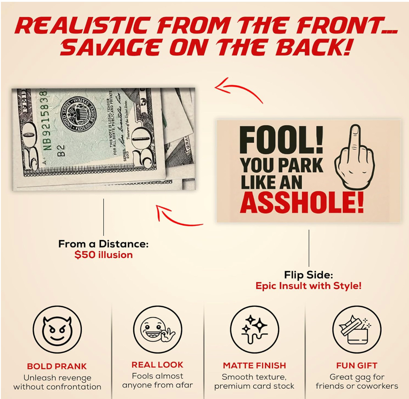 Park Like an A$$HOLE Prank Cards 50 Pack Fake $50 Parking Tickets Funny Gag GIft