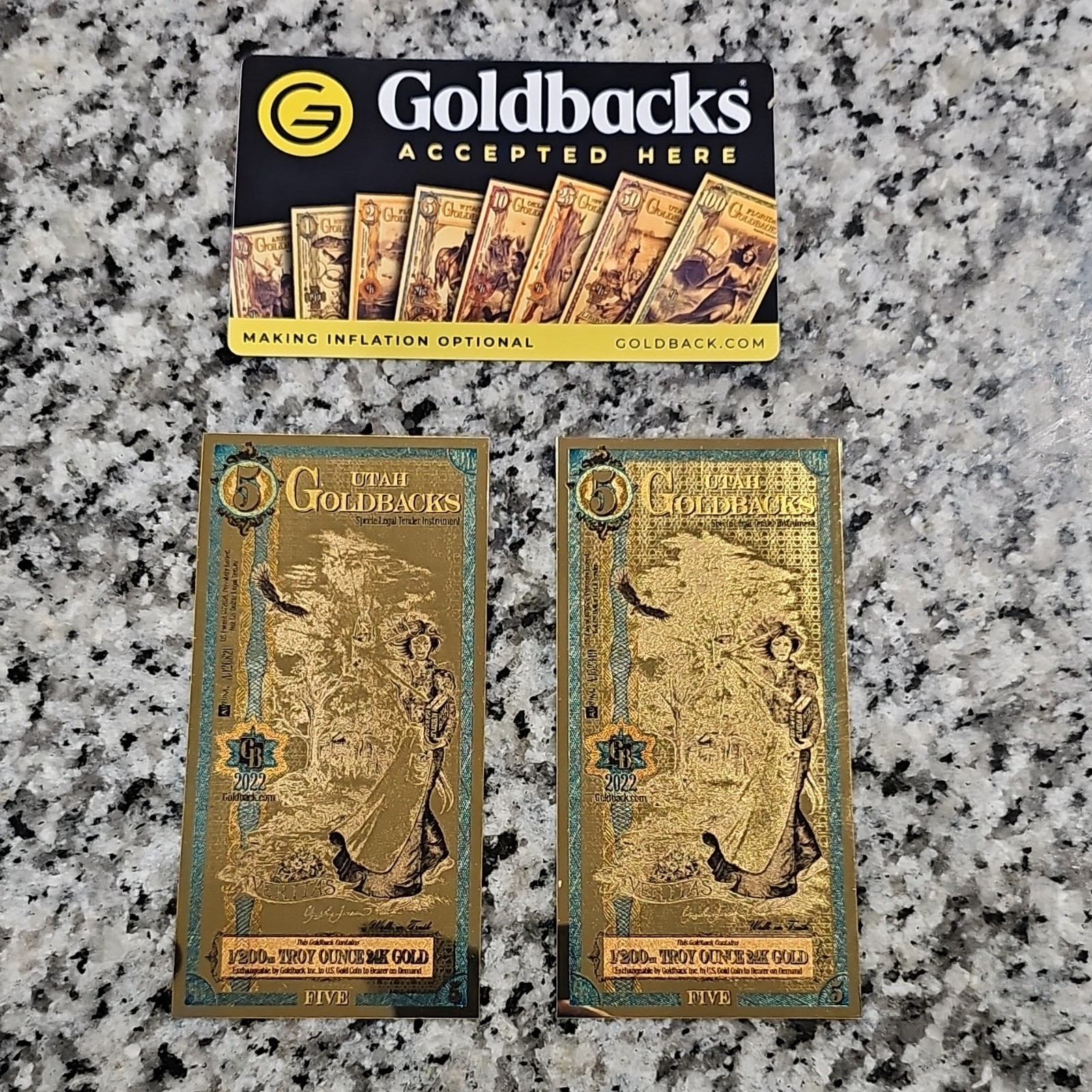 Goldback 2 Five Bar 2022 1/200 oz Each 24K Gold 0.999 Fine Total 1/100 oz