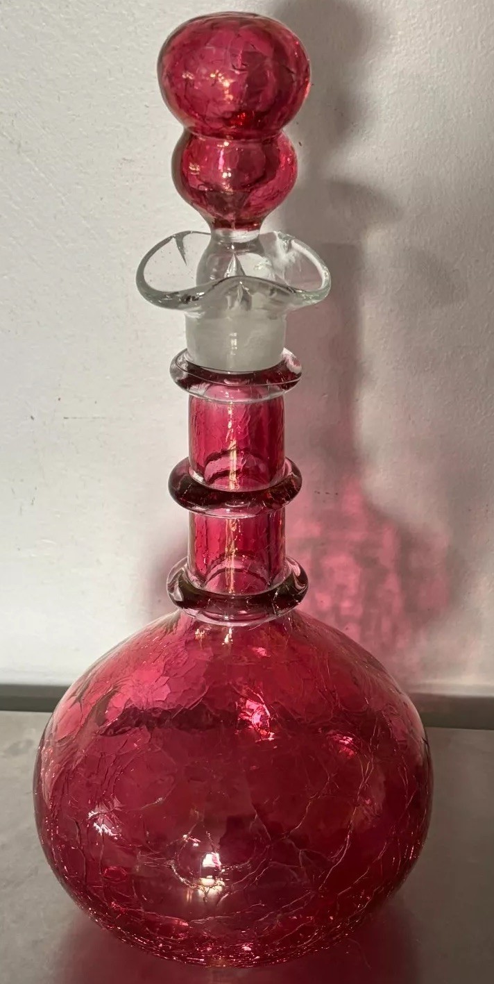 VTG Rainbow Ruffled Glass Crackle Decanter & Stopper Red Clear Rigaree Free Ship