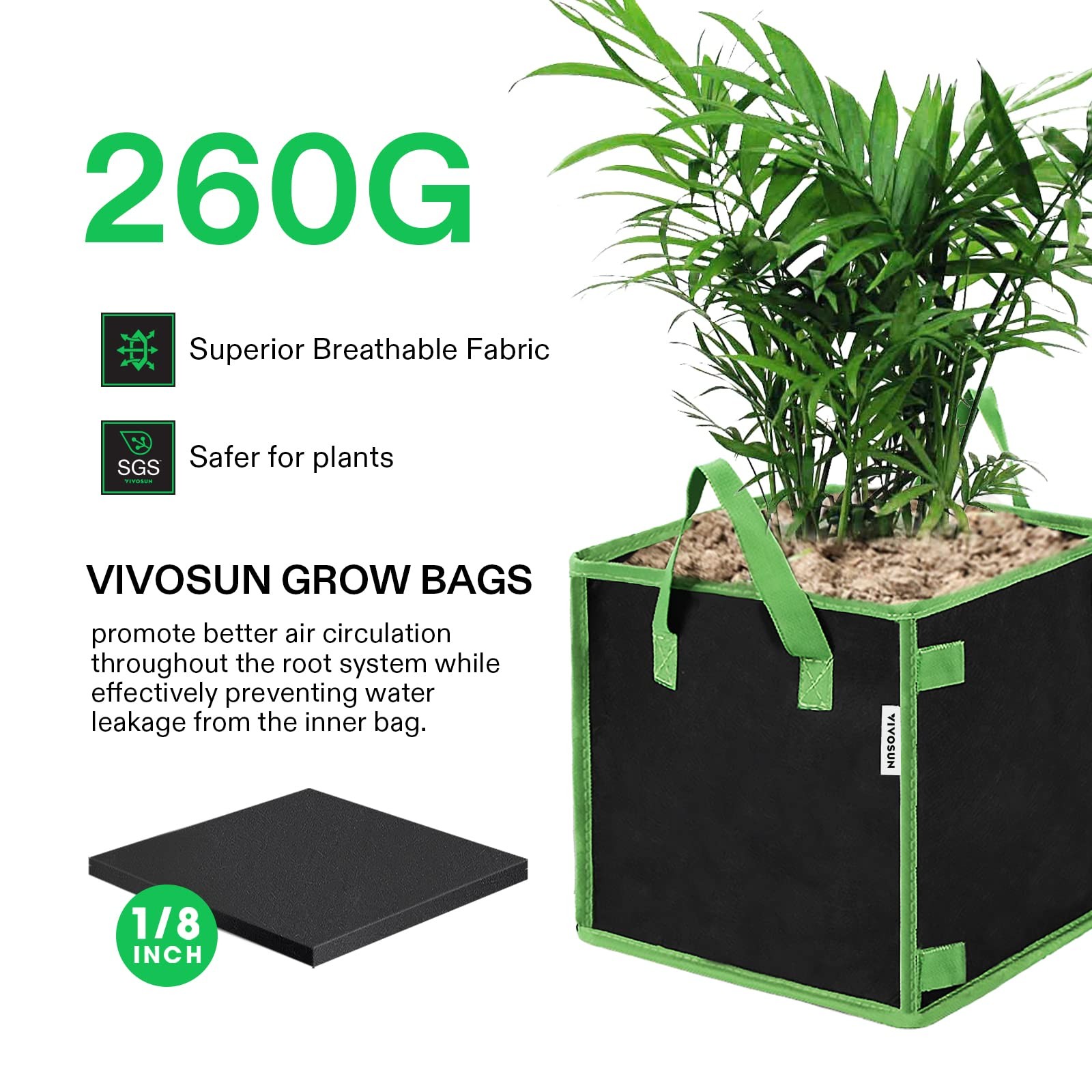 VIVOSUN Square Grow Bags 5 Pack 5 Gallon Thick Nonwoven Fabric Pots with Black