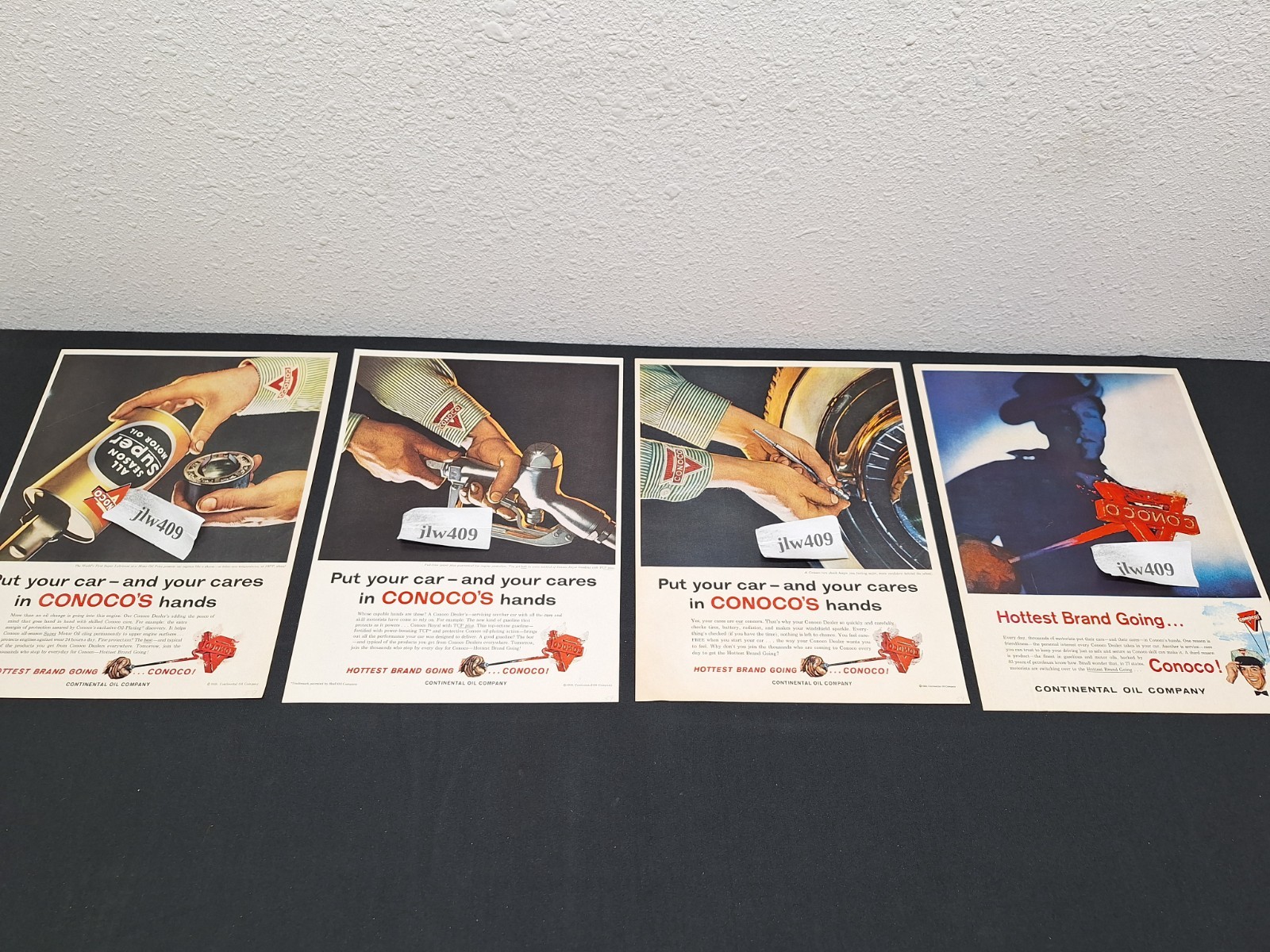(4) 1959 CONOCO GASOLINE MOTOR OIL Print Ads Magazine Ads