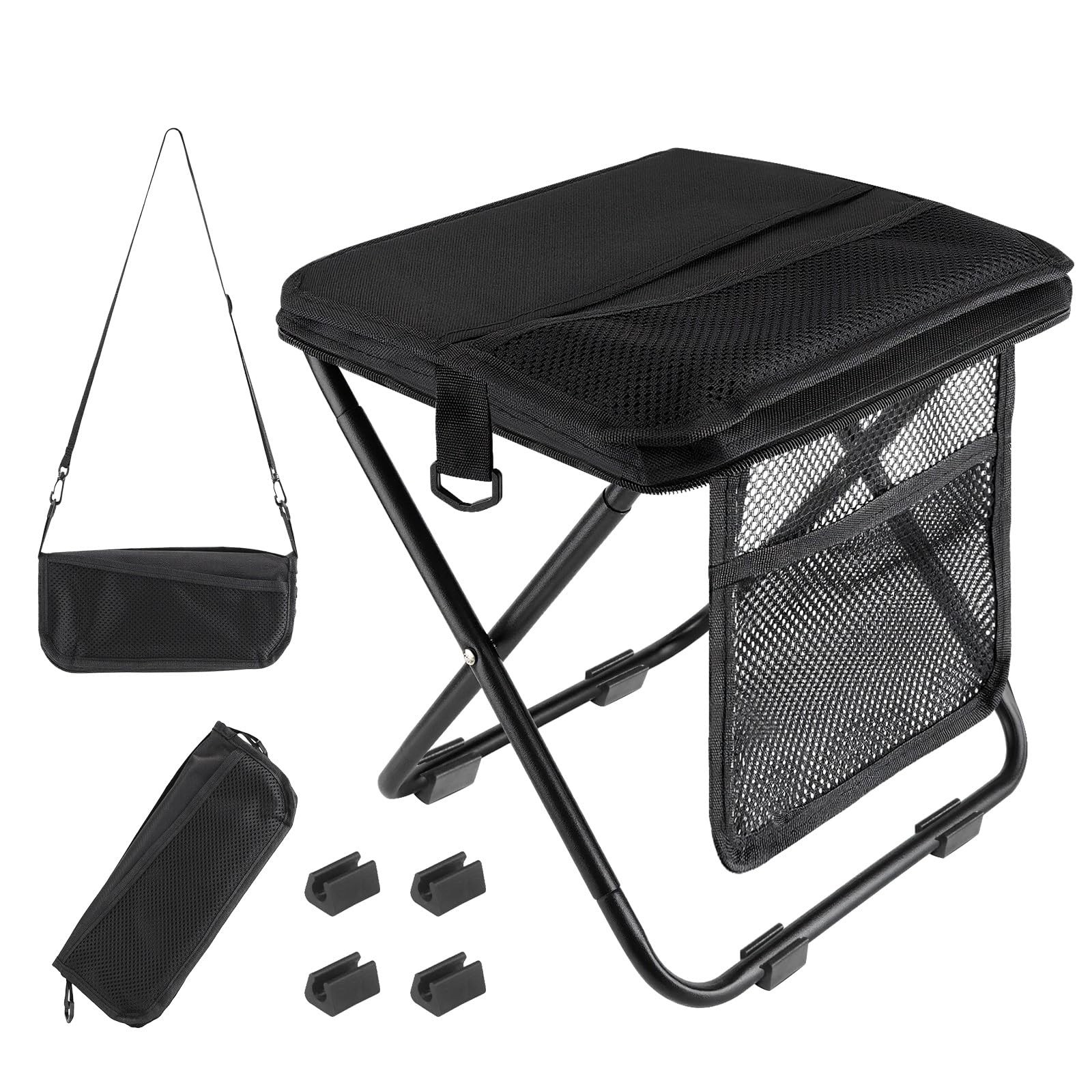 Portable folding stool with dual storage pockets and side pockets Compact adu...