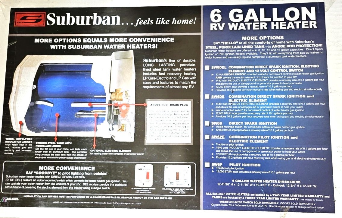 Suburban SW6D Advantage RV Tank 6 Gallon Propane LPG Water Heater Direct Spark