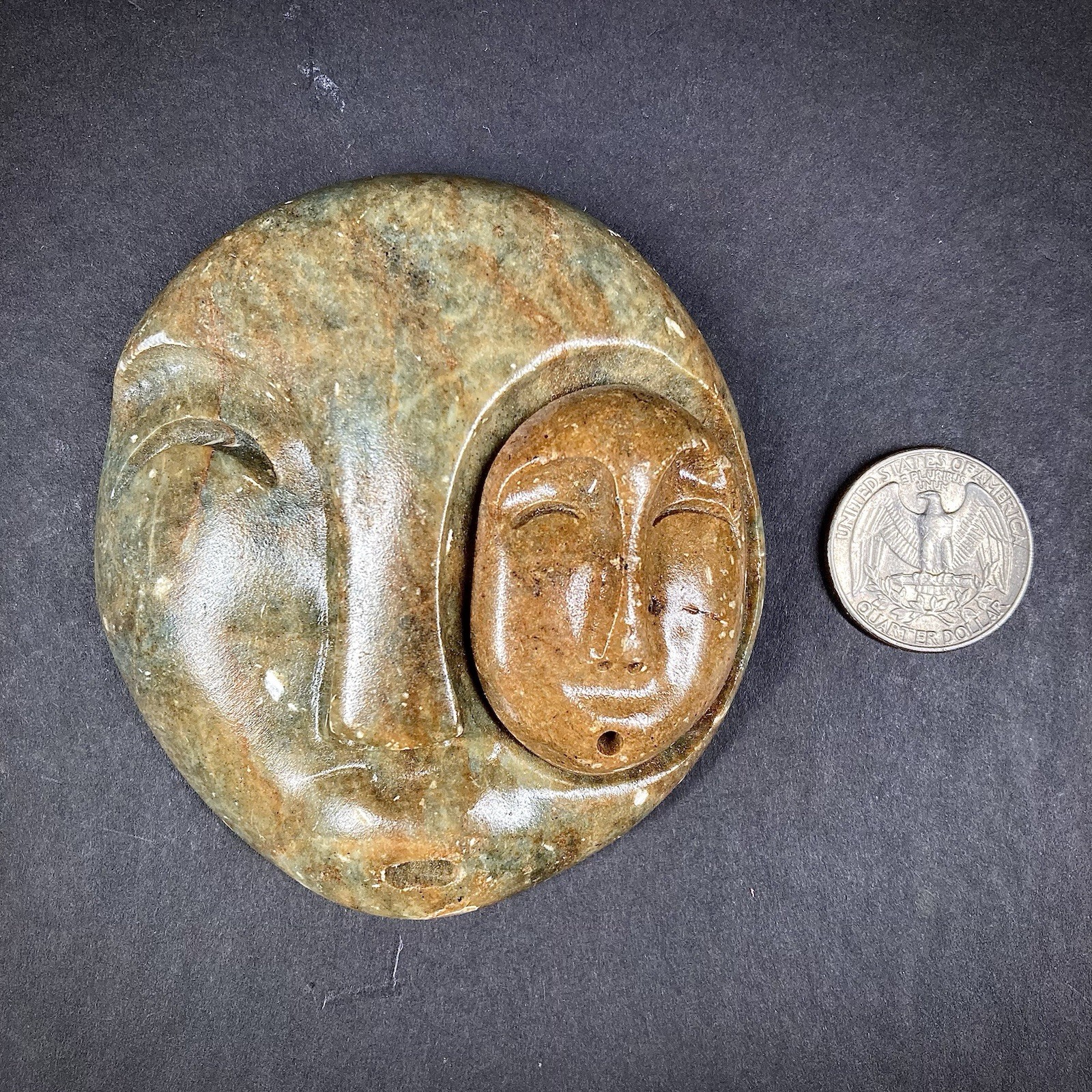 Alaska Native Handcrafted Stone Spirit In Eye Mask Soapstone Hangable Carving 3”