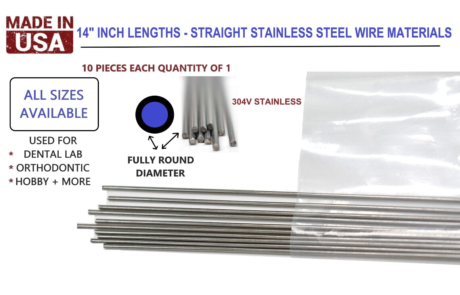 14" Ortho Retainer Wire Round Straight Spring Hard Stainless USA .018-.045 10pc