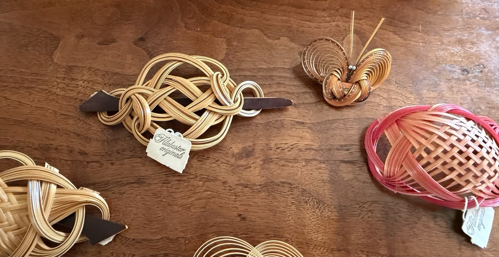 Vintage Lot of 7 Alabaster Originals Wood Bamboo Hair Berets Old Stock Japan