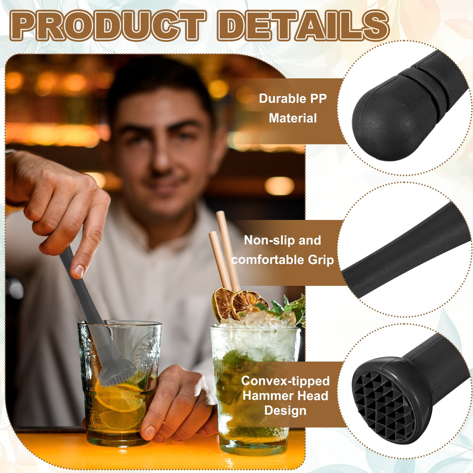Cocktail Muddler, 9 Inch PP Drink Muddler, Black (Thin)