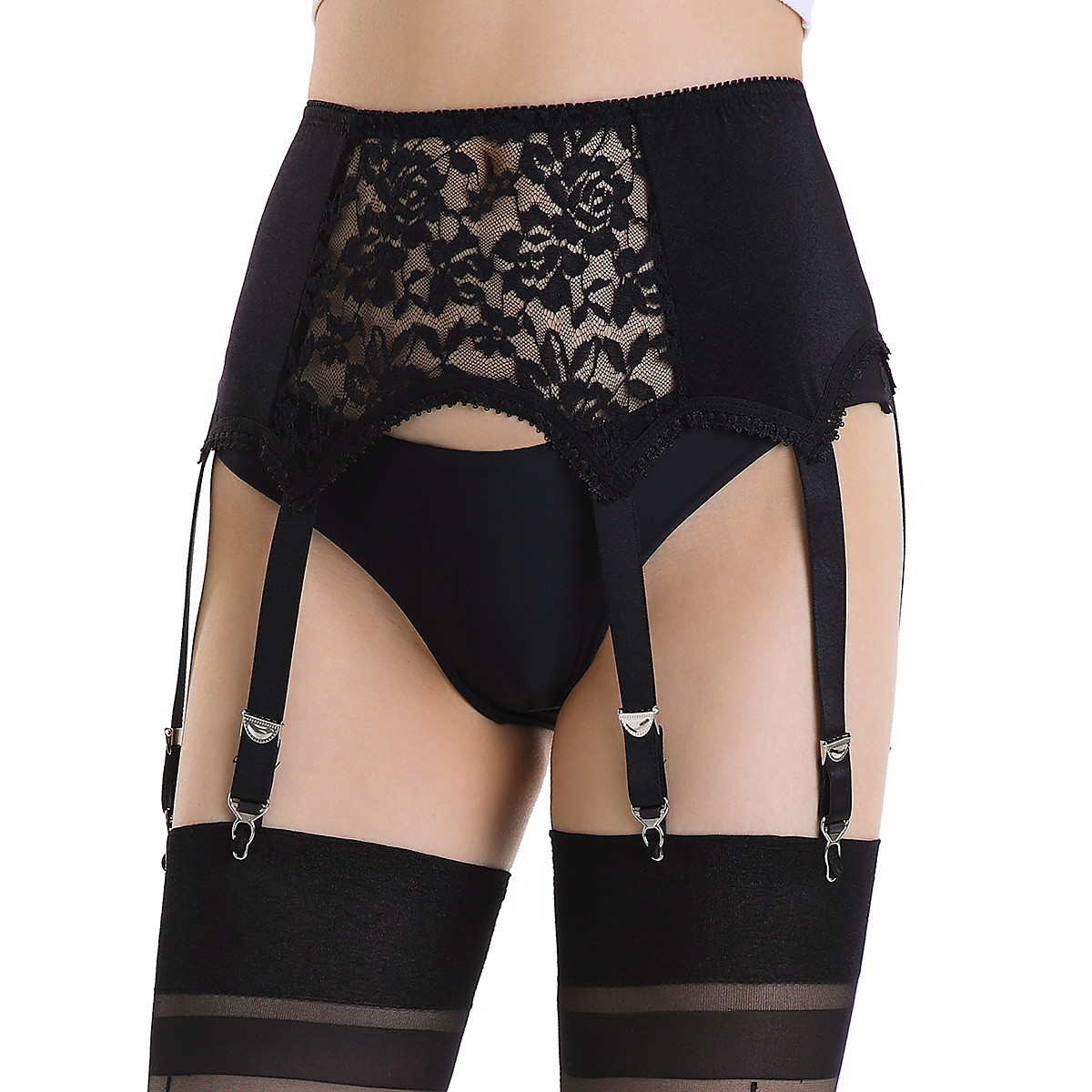 Allacki Floral Lace Panel Garter Belts Retro Court Style 6 Straps Suspender