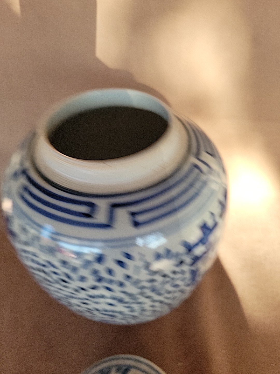 Vintage Chinese Ginger Jar & Lid Blue and White Porcelain Double Happiness 10"