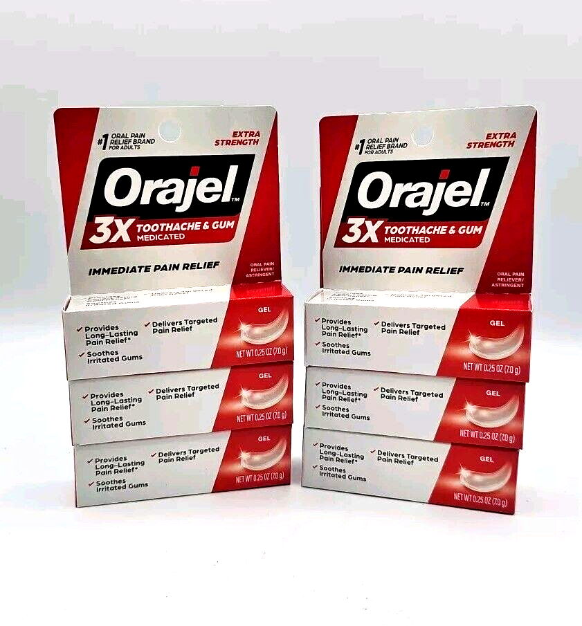 6 Pack Orajel 3x toothache & gum medicated Immediate Relief 0.25oz ea EXP 7/26