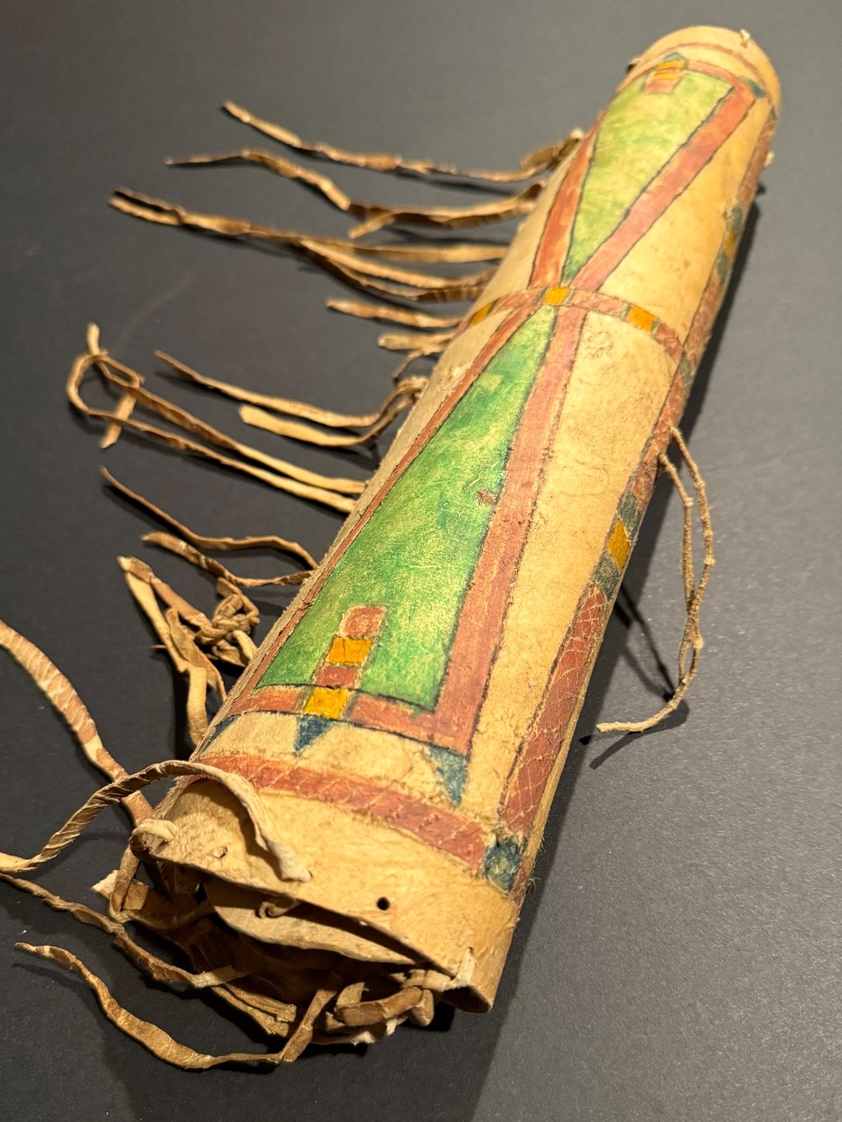 19TH C PLAINS PAINTED PARFLECHE CYLINDER CASE WITH FRINGE, EXCELLENT, NR!