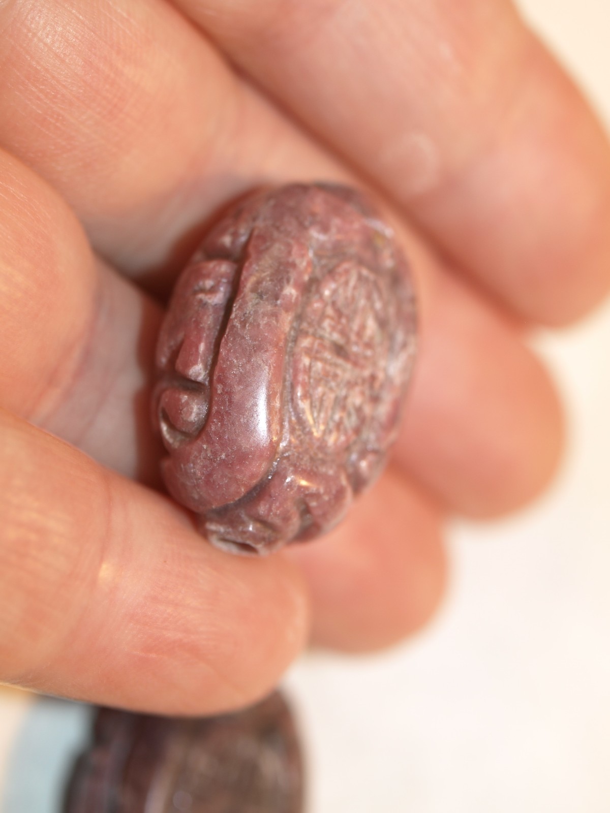 Vintage Carved Chinese Bead Rhodonite Shou Design 25mm x 18mm x 10mm Flat Oval