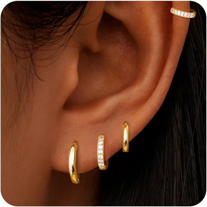 Gold Huggie Hoop Earrings Set for Women, 14K Real Gold Plated Small Hypoallergen