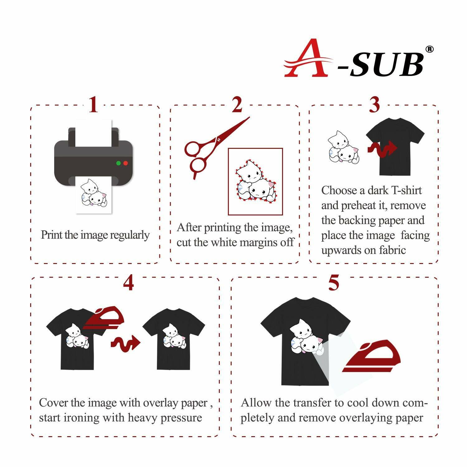 A-SUB Inkjet Printable Iron-On Heat Transfer Paper Dark Fabric 20 Sheets 8.5x11