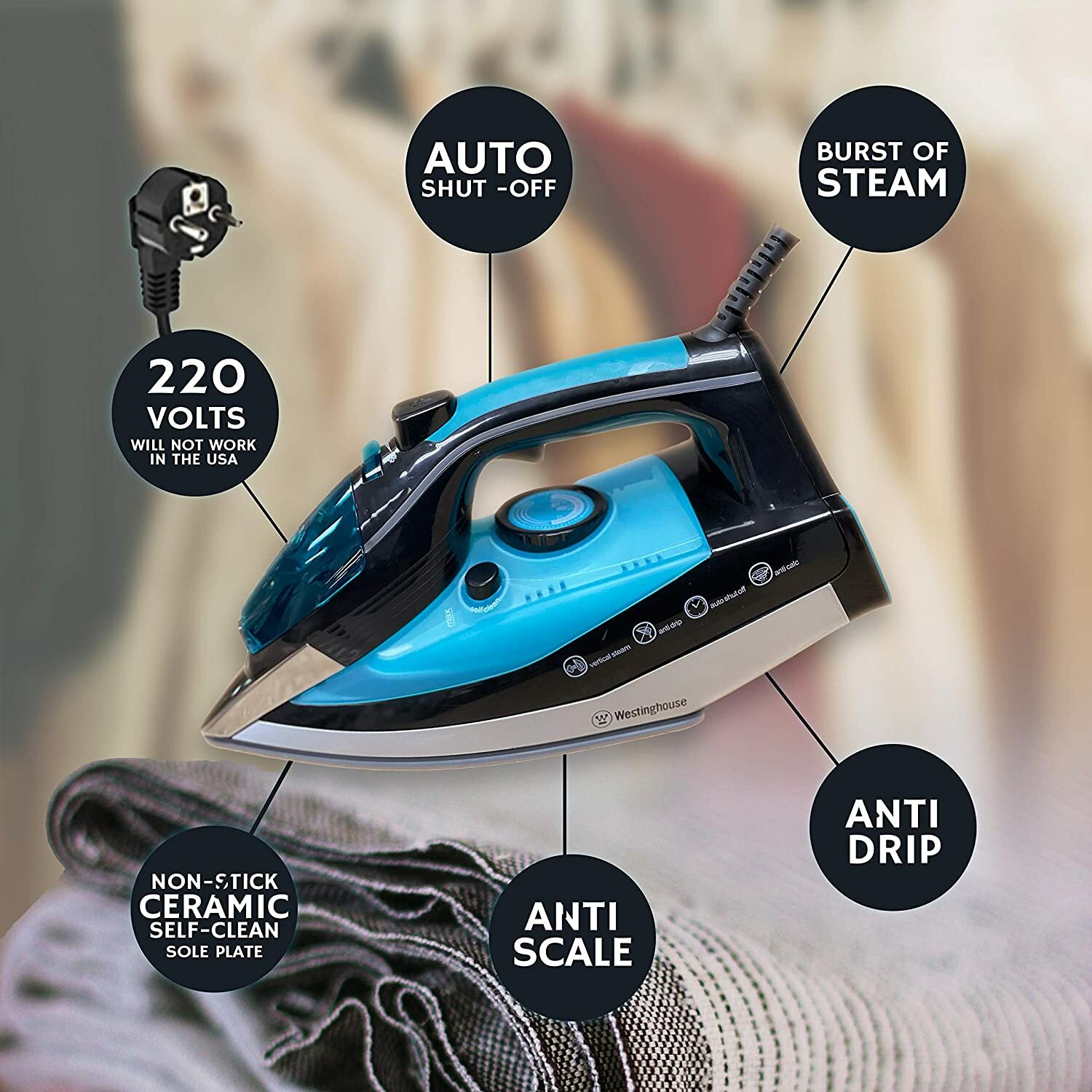 Westinghouse 220v Iron 2500 watts with Steam & Auto Shut Off (NOT for USA)