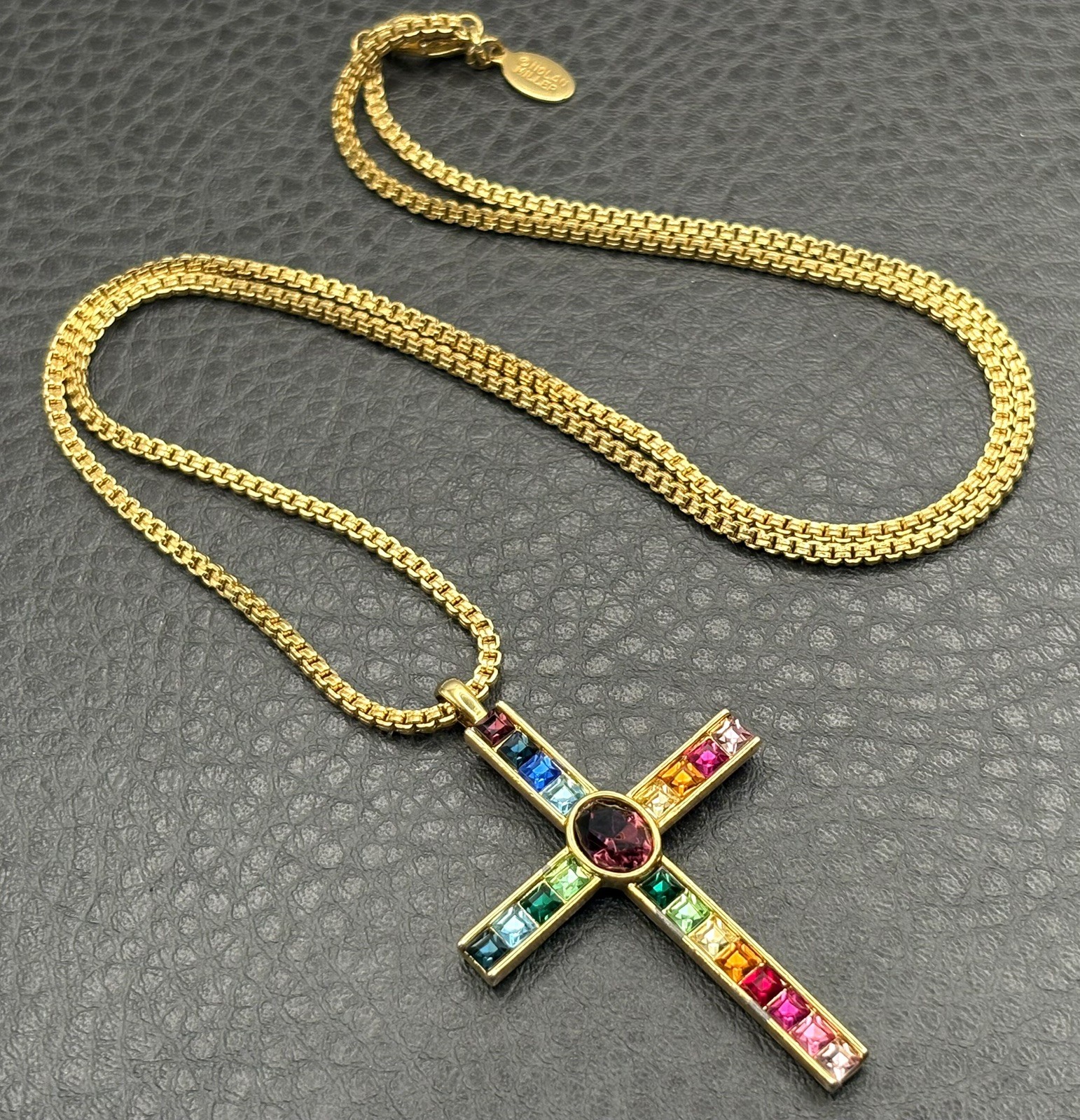 Nolan Miller Signed Gold Tone Chain Necklace PSCO 80s Rhinestone Crystal Cross