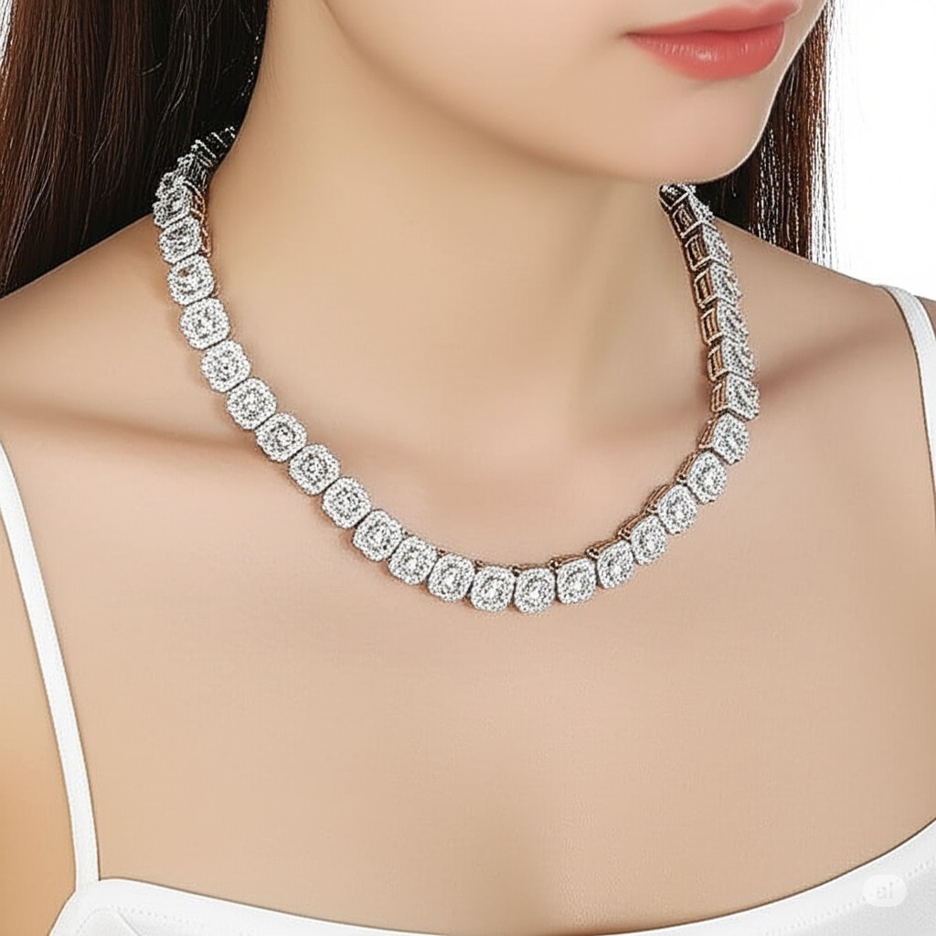 Silver Plated Stainless Steel 22 Inch Necklace Cubic Zirconia Large Center Stone