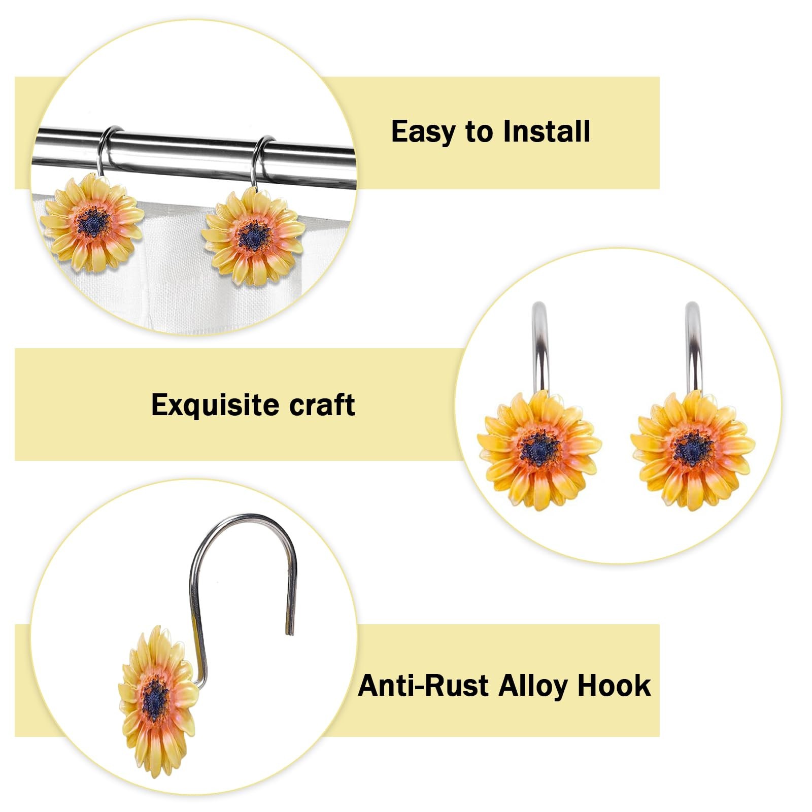 12 PCS Sunflower Shower Curtain Hooks Rustproof Metal Decorative Hangers Rings