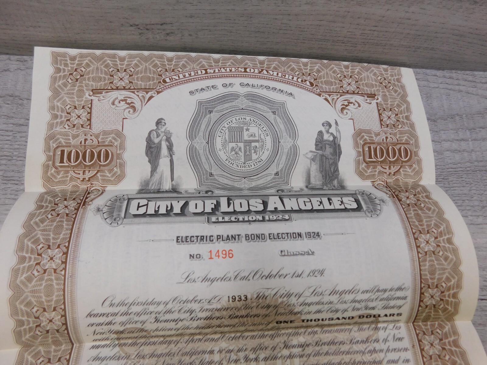 Vintage 1933 California City of Los Angeles Electric Plant Bond Election No 1496