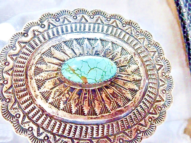 EARLY HAND STAMPED SIGNED NAVAJO STERLING SILVER SPIDER WEB TURQUOISE CONCHO