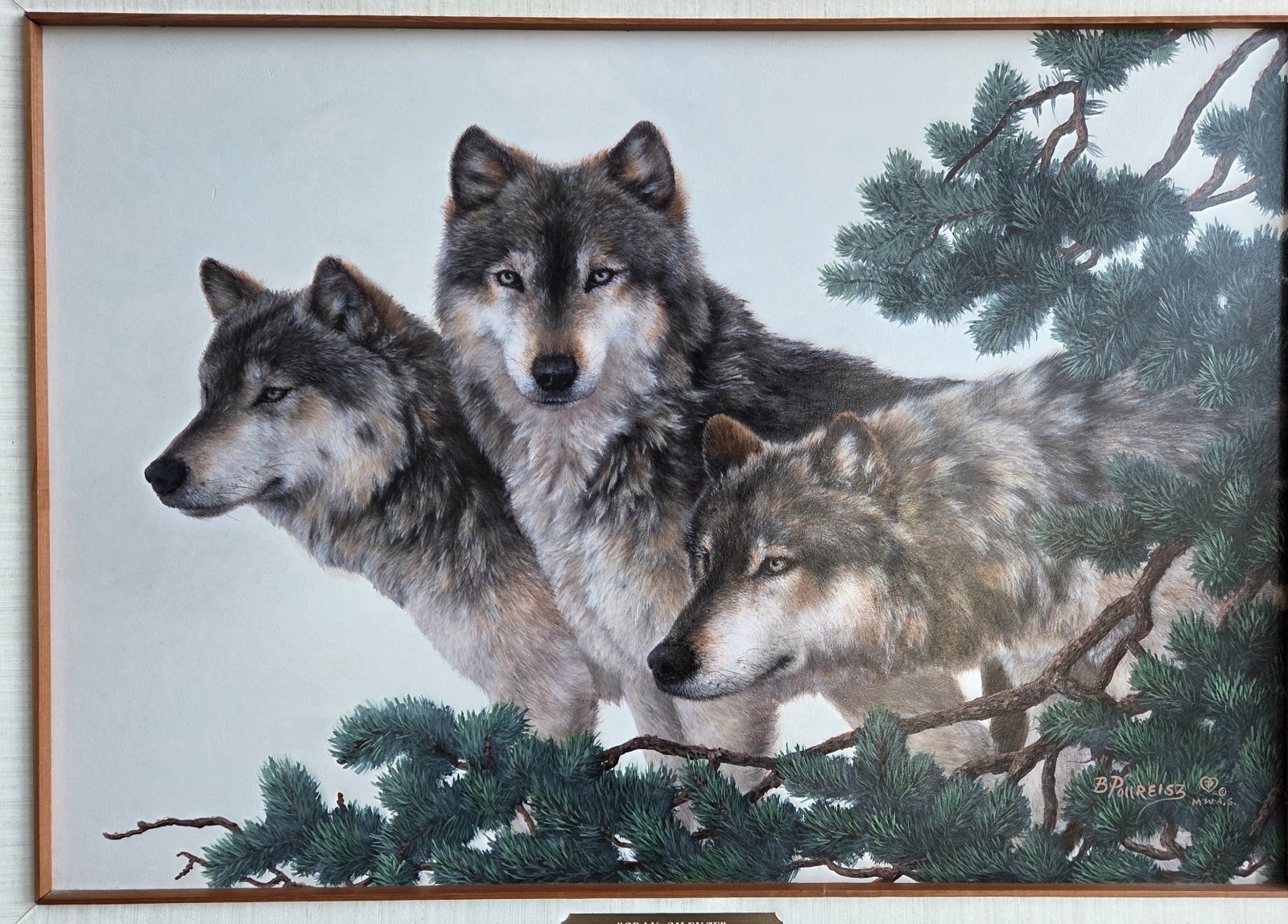 BRENDA POLLREISZ ORIGINAL OIL PAINTING " GRAY SILENCE" WOLVES LARGE